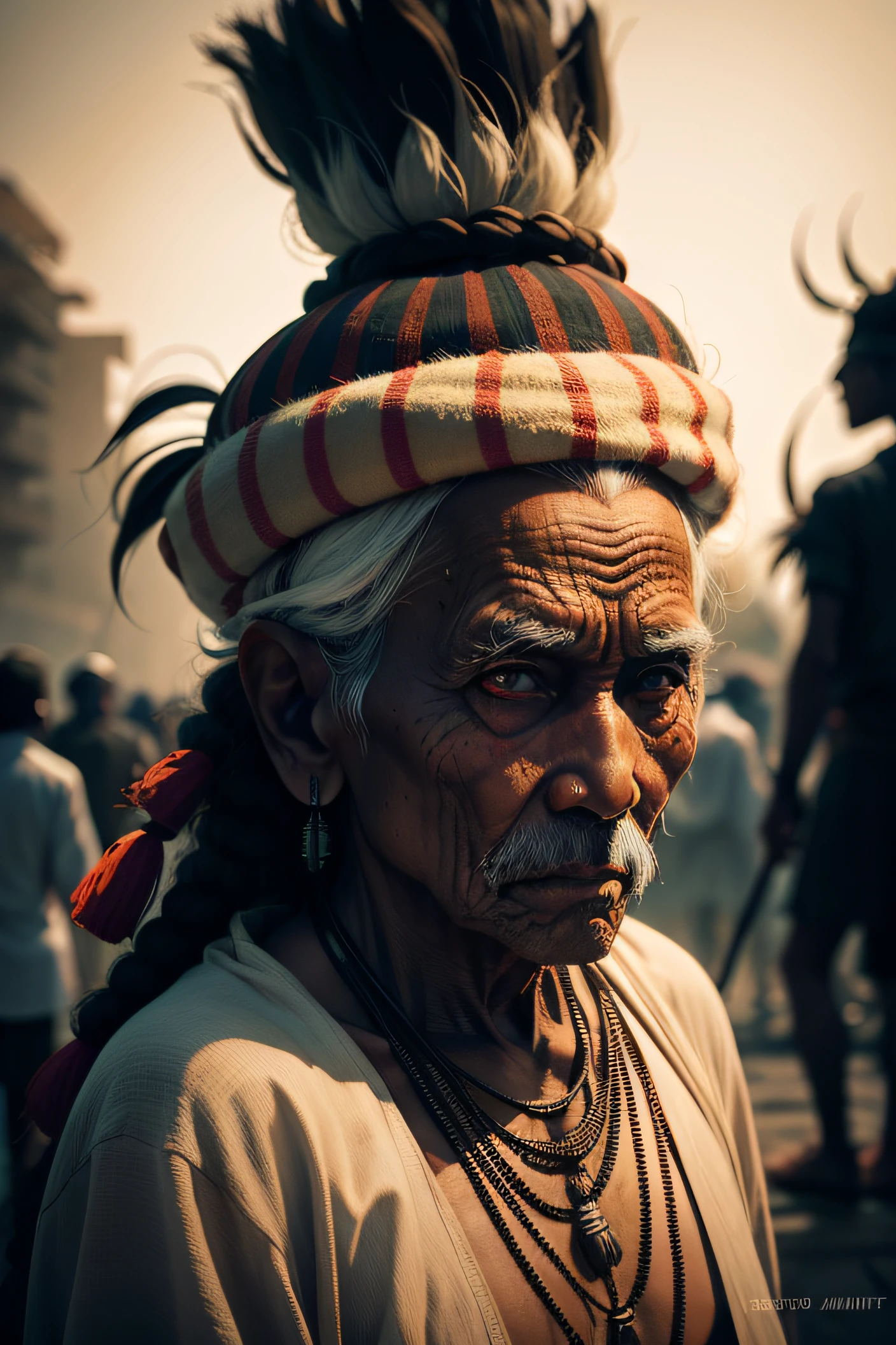 An old Indian Tribal Leader from Assam with Ghost Character, Streets colorful, photography, beautiful, black background, masterpieces, top quality, best quality, official art, beautiful and aesthetic, hyperrealistic,