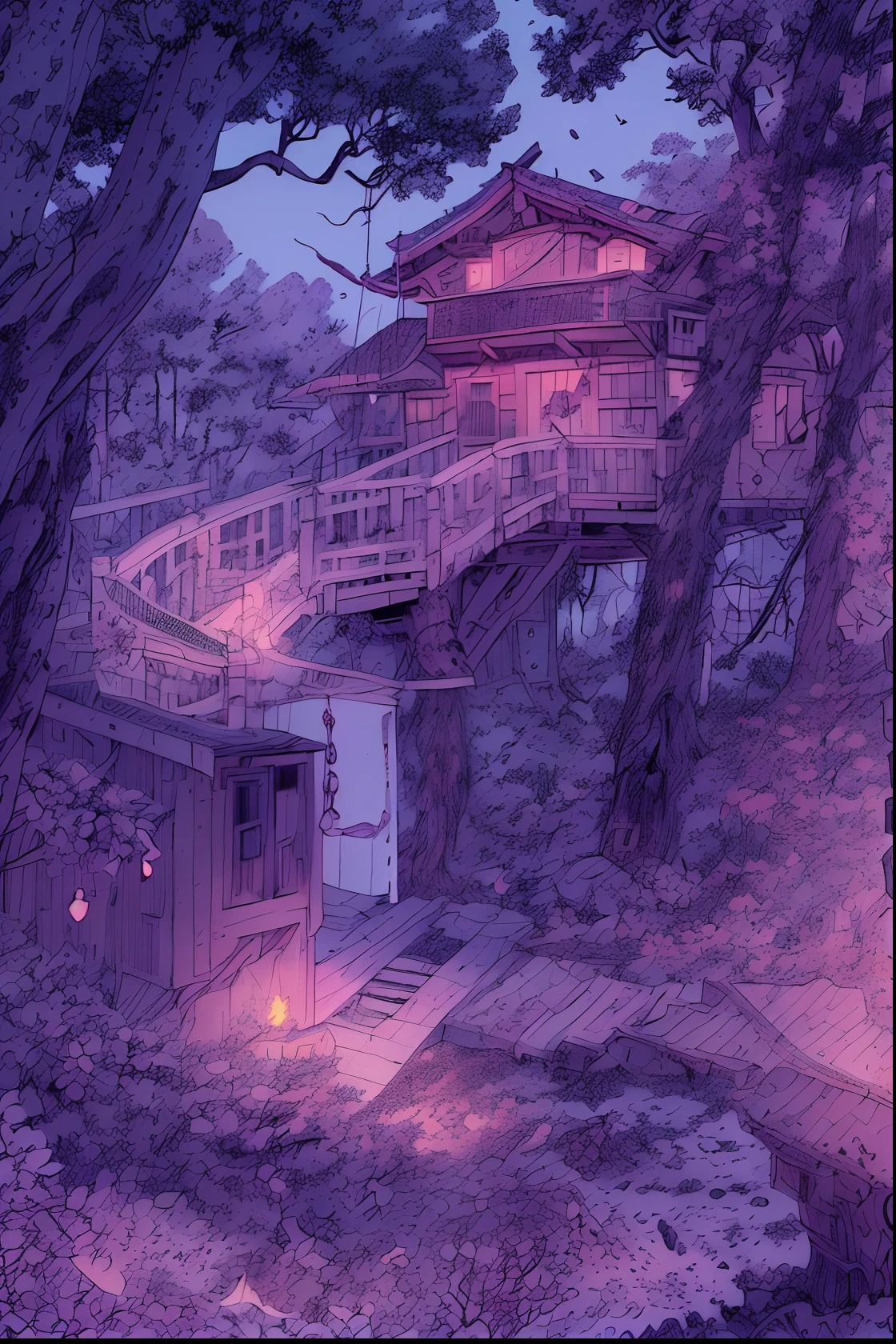 ((highly contrast、foco nítido、hight resolution、a picture、hyper realisitic、ultra-detailliert、Sharp Detail、finedetail、black and white manga panel)) (landscapes、No humans、outside of house、Skysky:1.2)、masterpiece、top-quality、Beautiful expression、8K、absurderes、frombelow、Near and far law、depth of fields、nffsw、(Bleach Bypass、ginnokoshi:0.8)、 电影灯光、profetional lighting、Very dark landscape shadows、Sketch of a tree with a tree house and a swing,