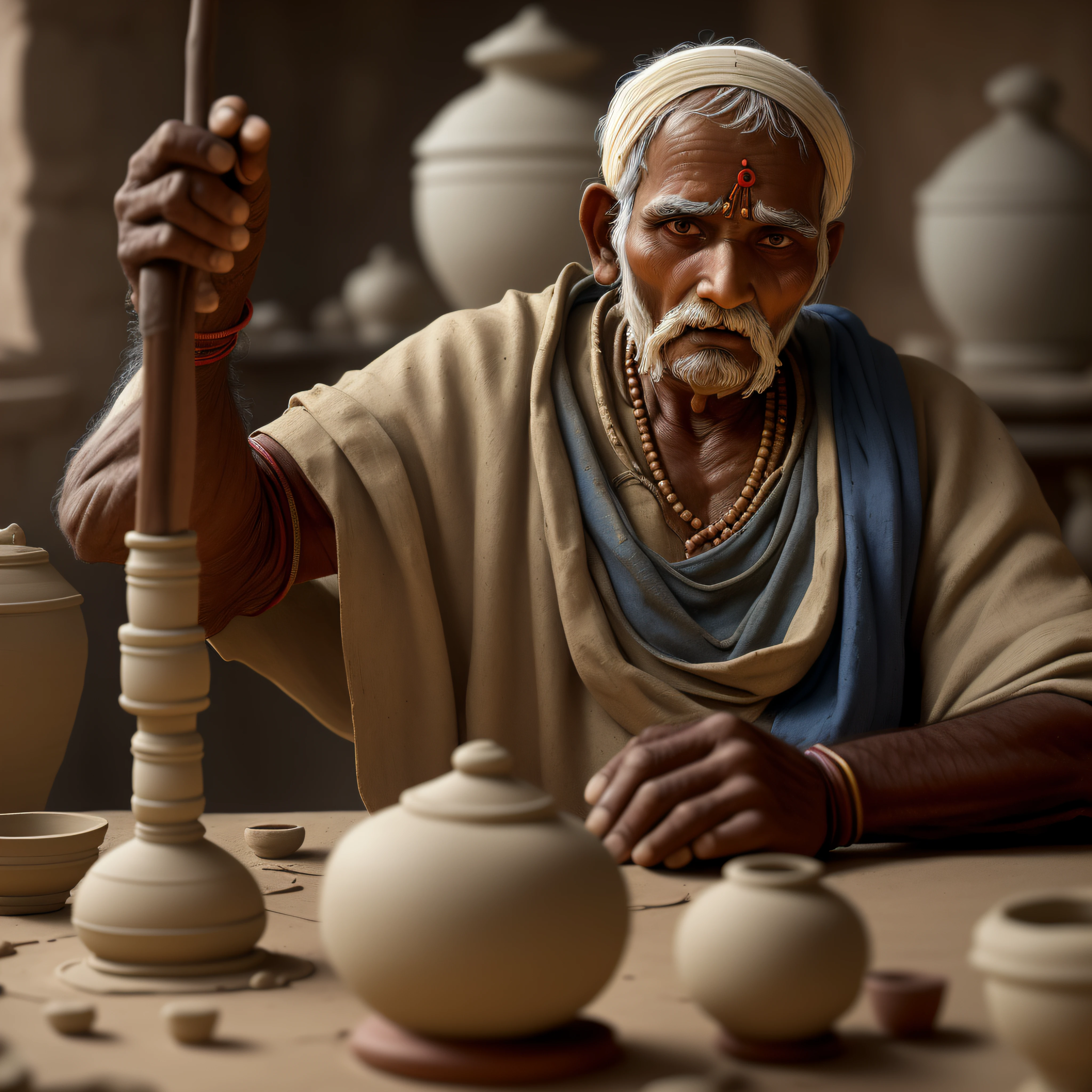 masterpiece, best quality, realistic, 1 Indian old man making a statue \(Clay, Look: Maharastrian, age: 60, blurry, still life, Clay, depth of field, blurry background\),