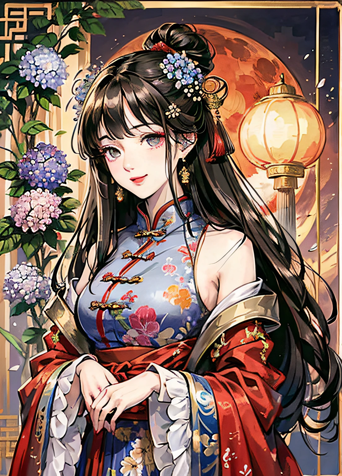 Masterpiece, Superb Product, Night, Full Moon, 1 Woman, Mature Woman, Chinese Style, Antique Chinese, Sister, Royal Sister, Smile, Brunette Hair, Updo, Red Lips, Calm, Intellectual, Hairpin, Hair Flower, Detailed Facial Details, Detailed Eyes, Full Body, Gray Eyes, Long Hair, Hydrangeas