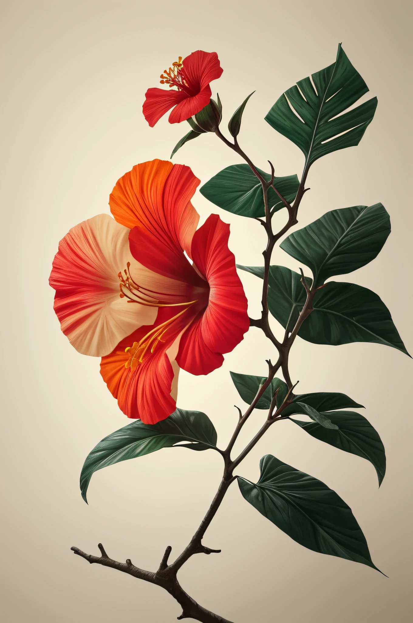 hibiscus flower blooming on a gnarled branch against a grey background, simple background, in the style of light orange and light beige, minimalist images, photography installations, paleocore, green and crimson, hyper-realistic, poetic intimacy