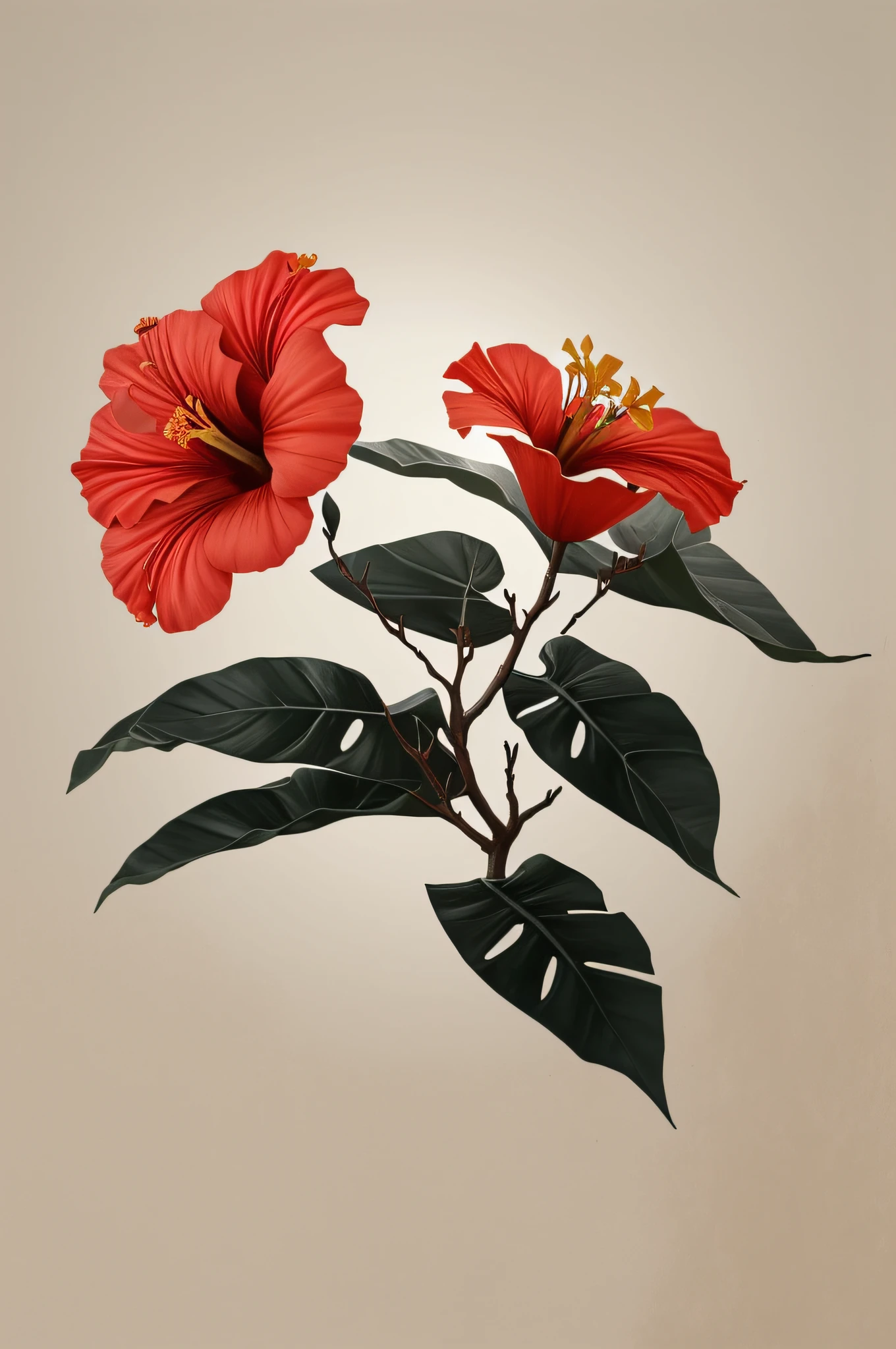 hibiscus flower blooming on a gnarled branch against a grey background, simple background, in the style of light orange and light beige, minimalist images, photography installations, paleocore, green and crimson, hyper-realistic, poetic intimacy