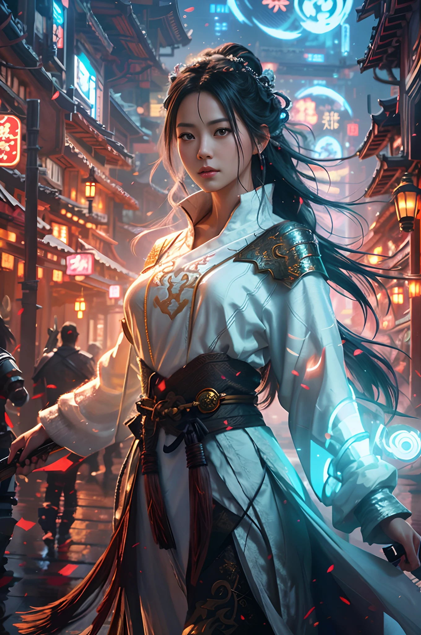 arafed image of a woman in a white dress holding a sword, Alice X. zhang, Ross Tran 8 K, Rosla global lighting, by Yang J, Beautiful digital artwork, andreas rocha style, 2. 5 D CGI anime fantasy artwork, chengwei pan on artstation, very beautiful cyberpunk samurai, digital fantasy art )