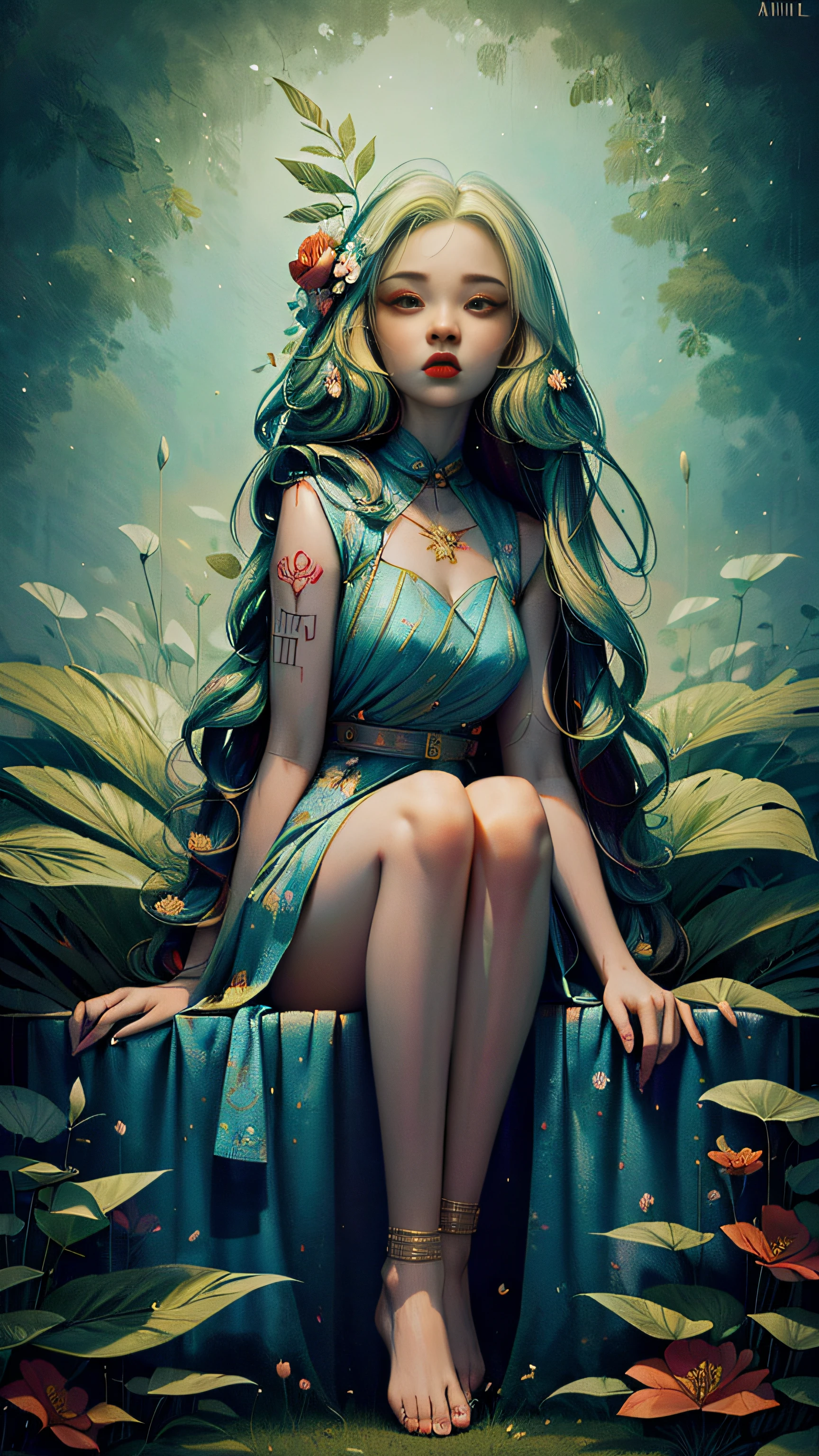 Super beautiful shining big eyes、Ankimoor、1 rapper with scary hair with tattoos、White and red sexy clothes(cammel toe)、Graffiti background、(masterpiece)、(top-quality:1.2)、absurderes、intricate detailes、florals、fronds、roots