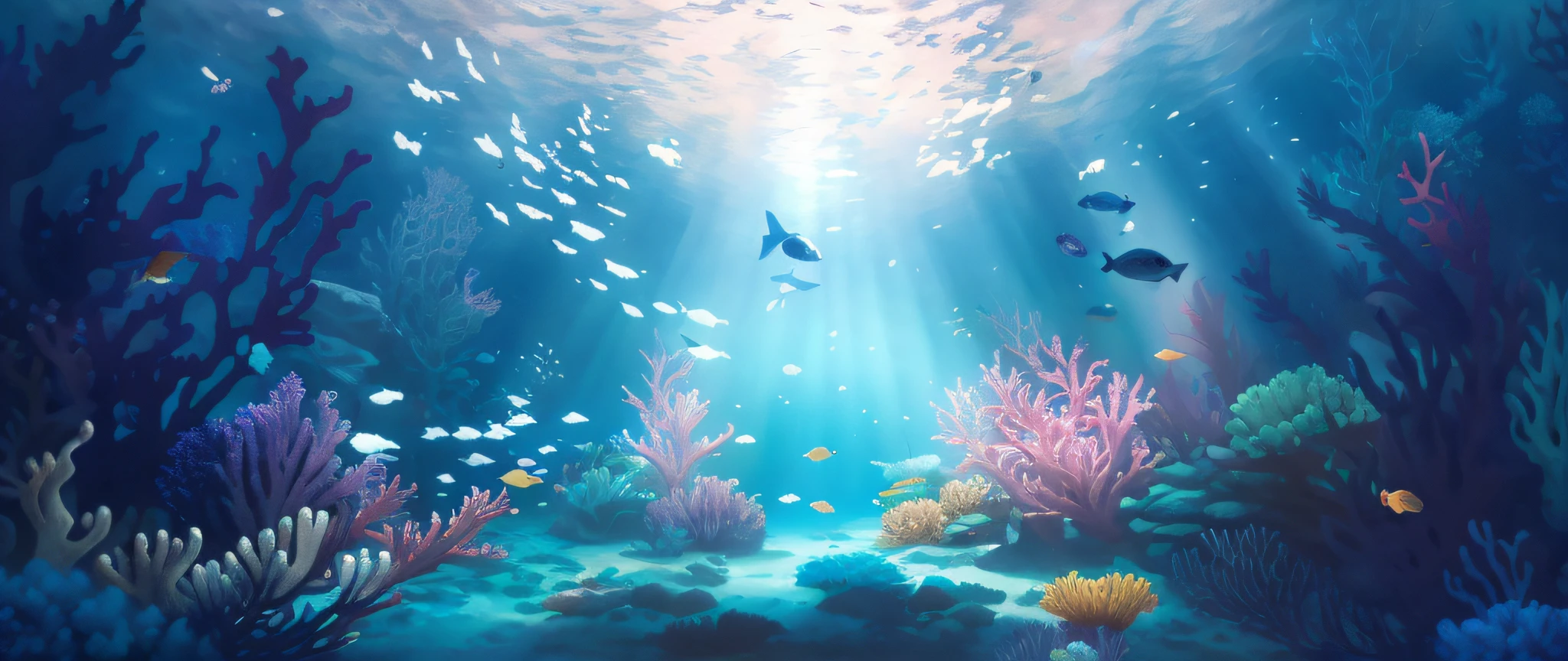 There is a painting，A fish tank with a lot of fish inside, closeup cinematic aquatic scene, Underwater scene, deep underwater scene, underwater with coral and fish, undersea environment, Underwater background, ocean floor, underwater scenery, background artwork, the reef, watercolor painting underwater, underwater ocean, underwater environment, jen bartel, abzu, bubbly underwater scenery, underwater scenery，8k smooth， RAW photo, Best quality, Masterpiece:1.4，Cinematic art ultra high resolution, Ultra-detailed, Hyper-realistic，Realistic rendering and detail，octane