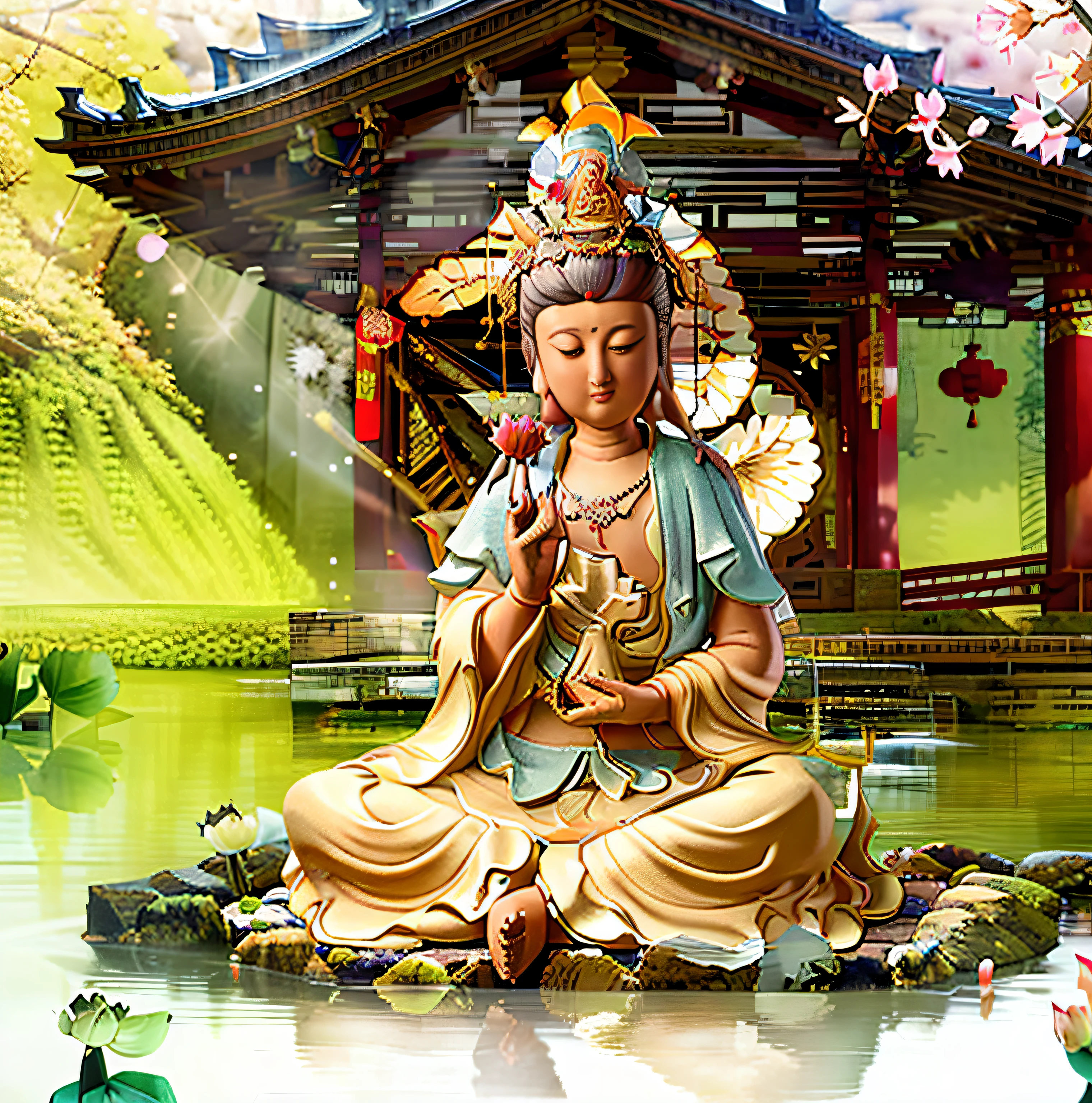 Guanyin sits on a lotus throne, Guanyin Bodhisattva, Avalokitesvara, Chinese temples scattered in the forest not far away,   Waterfalls pour into lakes or streams in the background, Mountains and small lake of Briante in the background, lotus flowers in the foreground, Clear and clear fingers, Clear and distinctive toes, Clear and vivid facial features,jewelry, leafs, the lilies, Lily_pads, necklace, plant, Solo, chinese temple, paths, cherry blossom, Sharp focus, sun's rays, Sparkling ripples, Wind ripples, hyper-high detail, Realphotos, Intricate details, Perfectcomposition, beautiful detailed intricate, 8 K photography, Photorealistic, Masterpiece, photo-realistic, Image Enhancement,Image post-processing,Image retouching