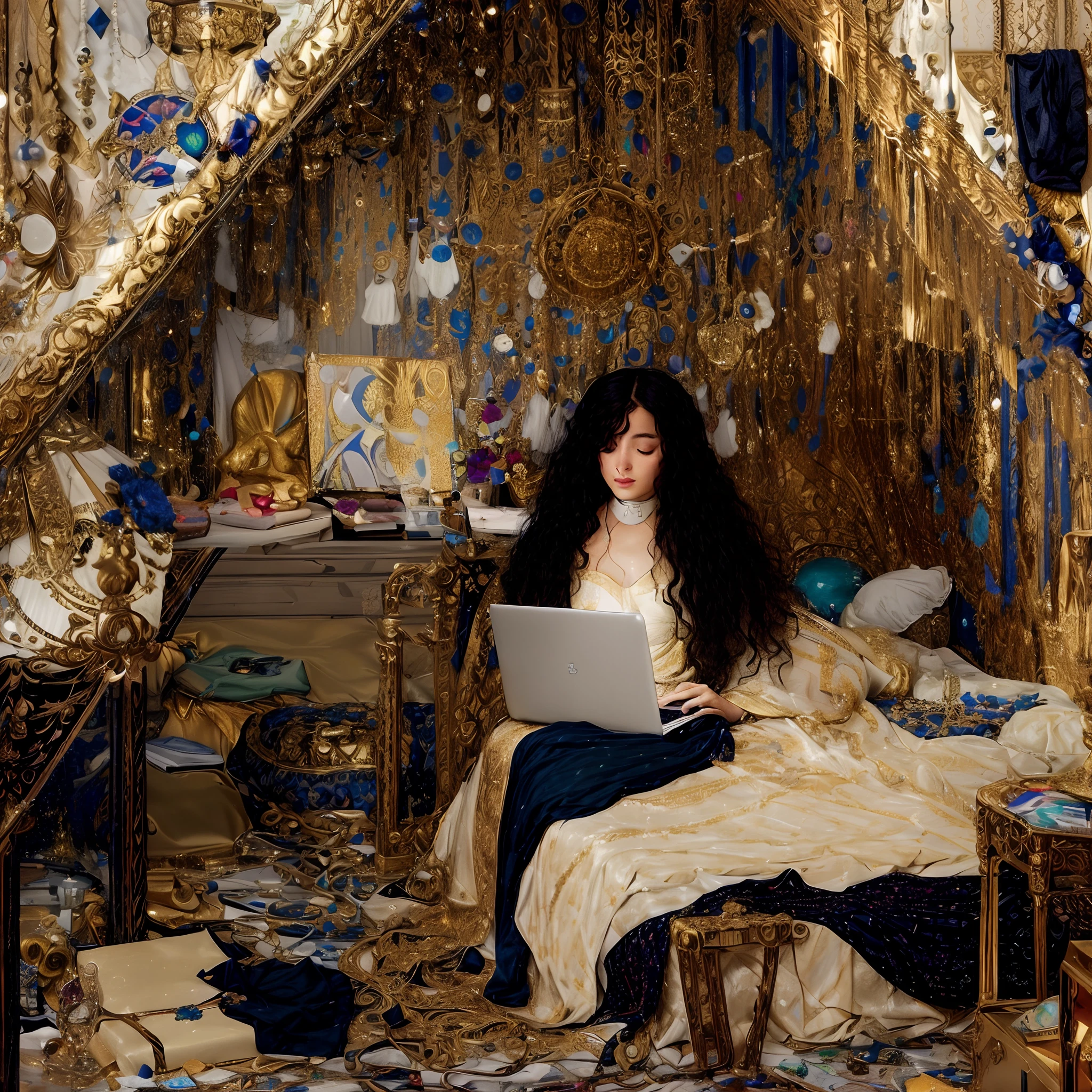 painting of a woman sitting on a bed with a laptop, in an attic, surrounded by glittering gold, ornamental sam guay, in her room, inspired by Mikhail Nesterov, ( asaf hanuka ), in small room, gustav klimt style, botticelli and victo ngai, inspired by Hovsep Pushman, denis sarazhin, in my bedroom