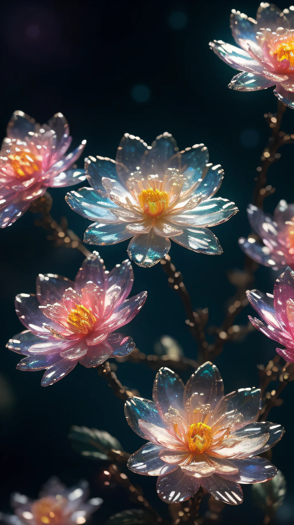 crystal spring blossom,
fantasy, galaxy, transparent, 
shimmering, sparkling, splendid, colorful, 
magical photography, dramatic lighting, photo realism, ultra-detailed, 4k, Depth of field, High-resolution