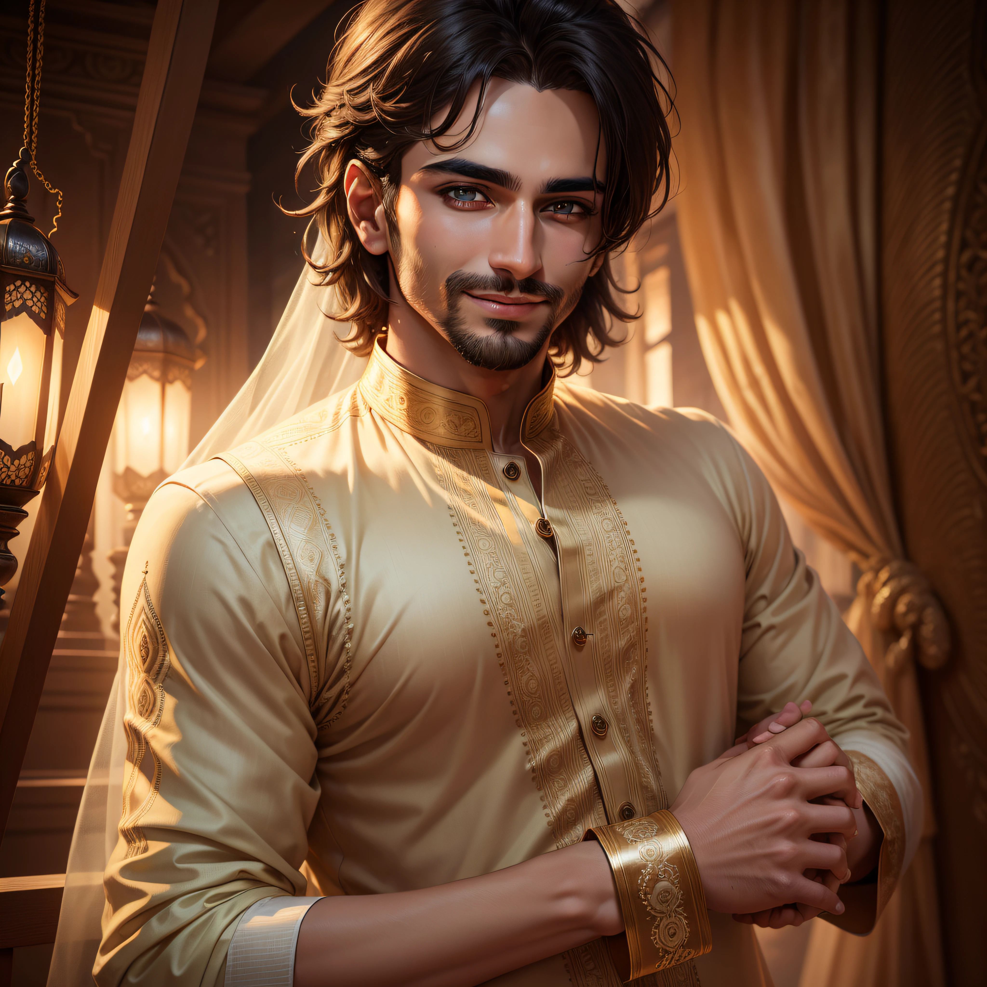 masterpiece, best quality, 8k, man in kurta, beautiful detailed glow, detailed lighting, (beautiful detailed eyes:1.1), Happy expression,