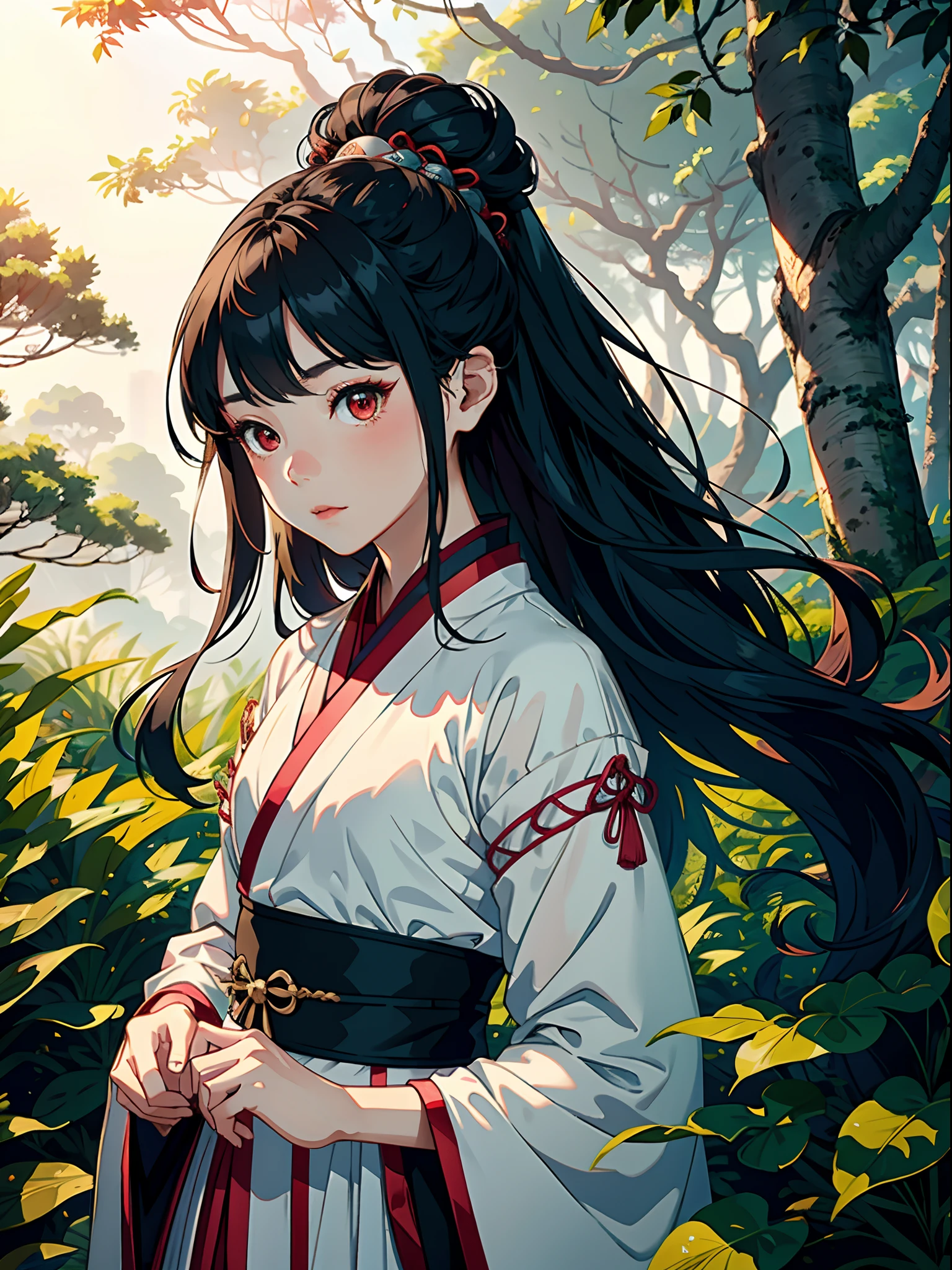 Medium view, Girl focus, A girl,（Hanfu：1.3），From outside the camera,  Delicate and beautiful face, Exotic, Mysterious Forest, High detail red eye, Wind, The wind blows hair, windward, High detail hair,  Epic, Masterpiece,(Best shadows),