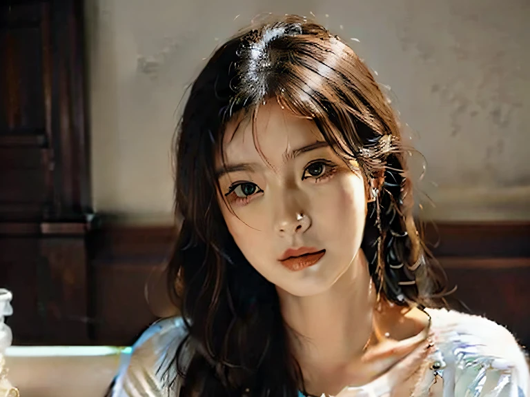 Beautiful woman sitting in front of the camera， Nice hairstyle，photorealistic eye，Nice detail eyes，（Realistic skin），Beautiful skins，（Sweaters），absurd res，enticing，超高分辨率，Ultra photo realsisim，The is very detailed，the golden ratio