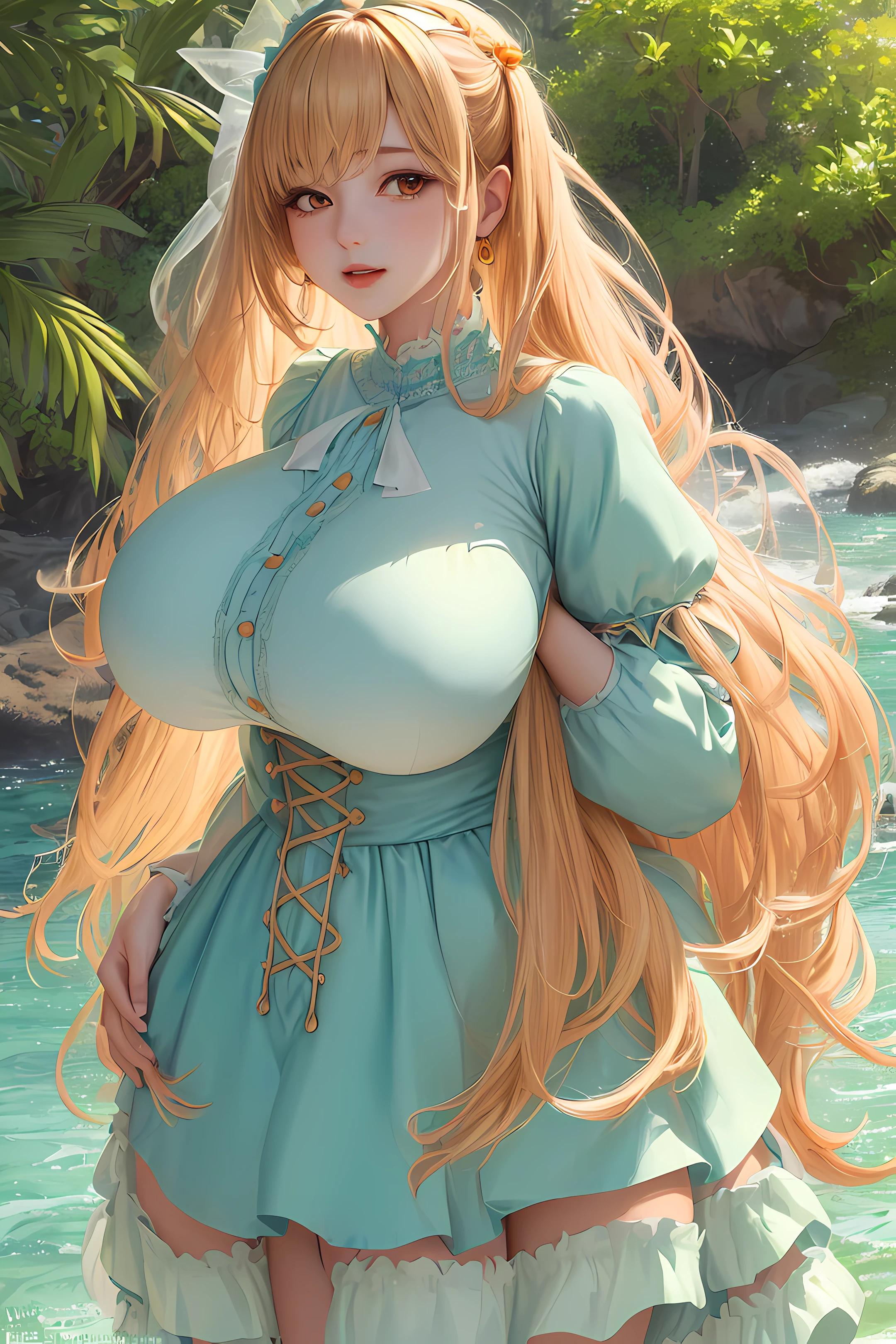 (Ultra Quality,Masterpiece,Ethereal:1.4)nagatiti(Gigantic Breasts:1.6)(hanging breasts: 1.5)(breasts squeeze: 1.3)(bimbo 1.4)(Disproportional Tits: 1.4)(Realism:1.2)(Realisitc:1.2)(Absurdres:1.4)8K,Ultra-Detailed,((Detailed Beautiful Mature Face)), Slutty Expression,Gyaru,Adult Rocks,Coast,(Shore:1.2) (Sitting:1.4)Sitting on Rock,Trees,Plants,(Bush:1.2)Waves(Causting:1.2)(Hyper-Detailed Water:1.1) (Solo:1.4)1Girl(Facing Viewer:1.2)Intricate Body Details(Milf: 1.5)(Curvy:1.3)Average Waist,Thick Thighs,Yuuki Asuna,Honey Blonde Hair[Long Hair](Sidelocks:1.2)(lolita_Clothes:1.3)Seductive Posture,Sexy Pose,Alluring[intricate-perfect-fingers-on-hands]Perfect Hyper-Detailed Orange Eyes,