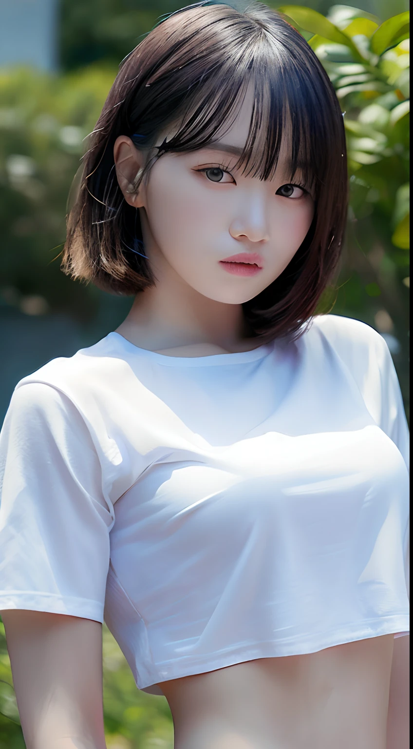 ((Realistic lighting, best quality, 8k, masterpiece: 1.3)), sharp focus: 1.2, 1 girl, beauty with perfect figure: 1.4, slender abs: 1.1, ((layered hairstyle)), (white shirt: 1.4), (outdoor: 1.1), ultra-fine face, fine eyes, double eyelids,