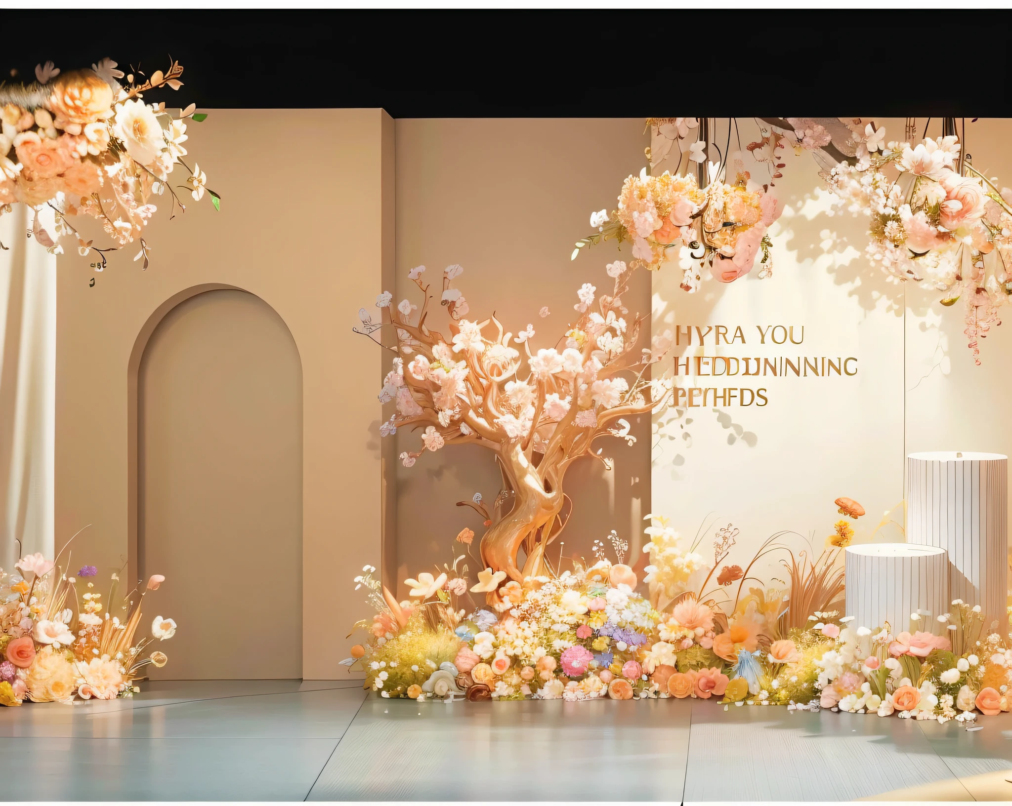 8K level quality，Ultra-clear，Golden，opulent，lamp lights，Wedding renderings，Interior design，3Drenderingof，hyper HD，Lots of small flowers，exquisite lighting and shadows，Detail portrayal，ultraclear，depth of fields， paying homage，Interior design， Ultra photo realsisim， RAW photogr， Sharp focus， Lots of colorful flowers，Wedding banquet hall，Wedding design，tmasterpiece， 8K， tmasterpiece，Ultra photo realsisim，32K，Very detailed CG unity 8K wallpaper，best qualtiy，exquisite lighting and shadows，Detail portrayal，Welcome area，