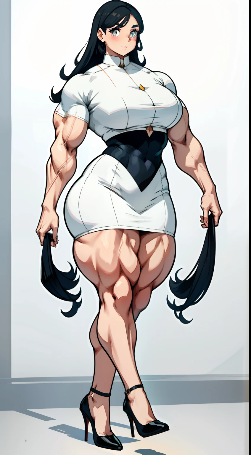 tmasterpiece,finely detailled,Burly woman,Exaggerated large muscles,walking pose,White color blouse,white stockings,high-heels, (Full body like:1.1),Cute feminine face,adorable big eyes, Single female,Very fair skin,Very broad shoulders, Strong and powerful arms,Stout arms,Strong and powerful leg muscles,thick leg,Very long legs,looking to the camera