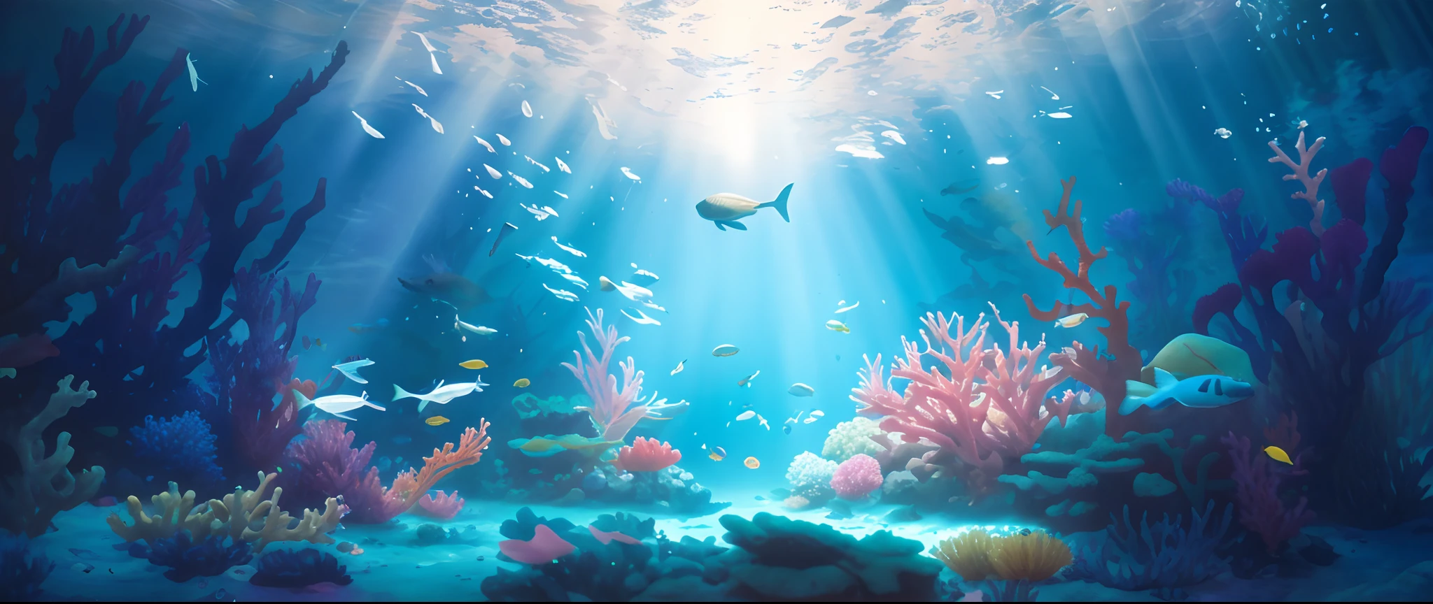 There is a painting,A fish tank with a lot of fish inside, closeup cinematic aquatic scene, Underwater scene, deep underwater scene, underwater with coral and fish, undersea environment, Underwater background, ocean floor, underwater scenery, background artwork, the reef, watercolor painting underwater, underwater ocean, underwater environment, jen bartel, abzu, bubbly underwater scenery, underwater scenery,8k smooth, RAW photo, Best quality, Masterpiece:1.4,Cinematic art ultra high resolution, Ultra-detailed, Hyper-realistic,Realistic rendering and detail,octane
