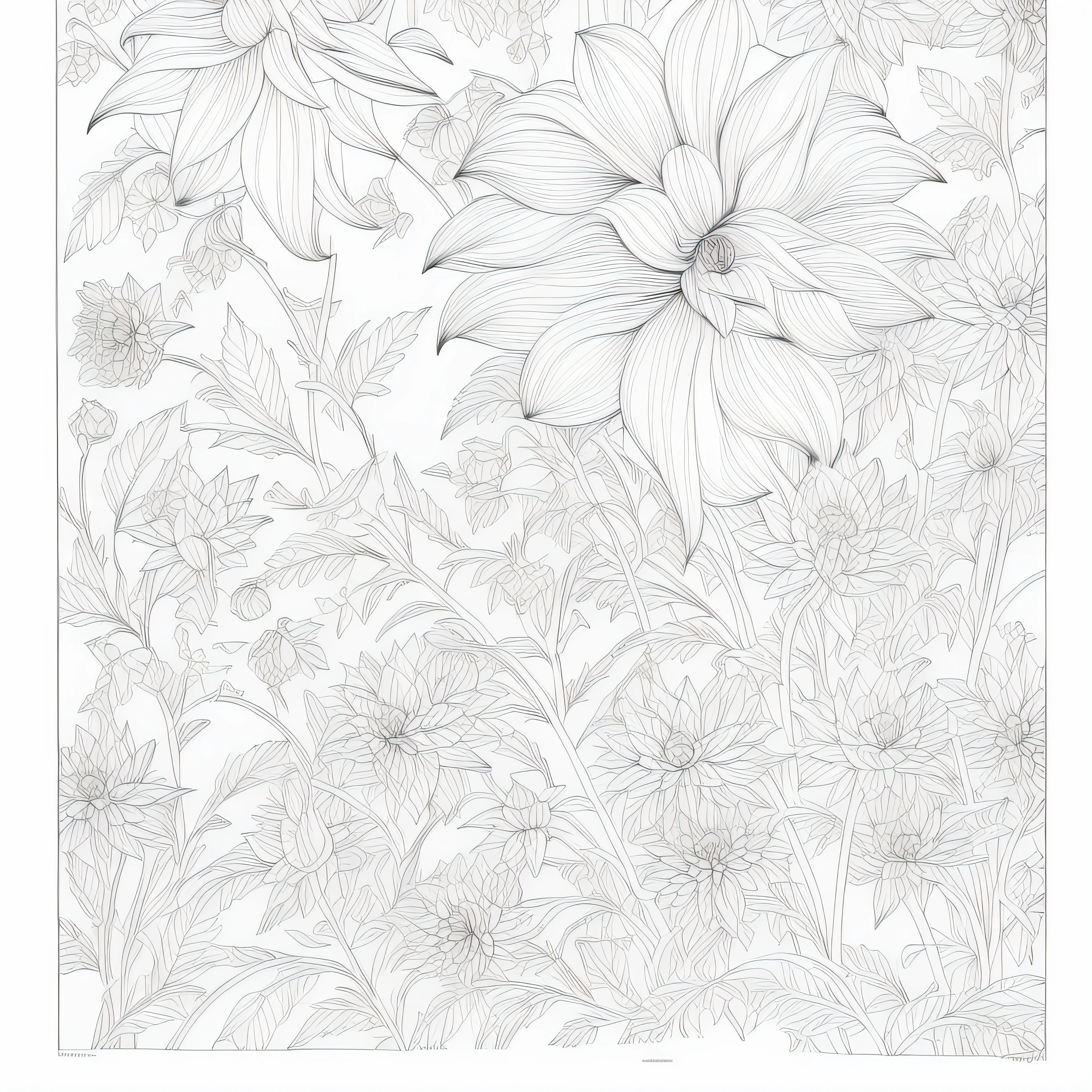 (Monochrome images:1.3)、(Dahlia coloring book:1.3)、It features a simple、Draw with outline