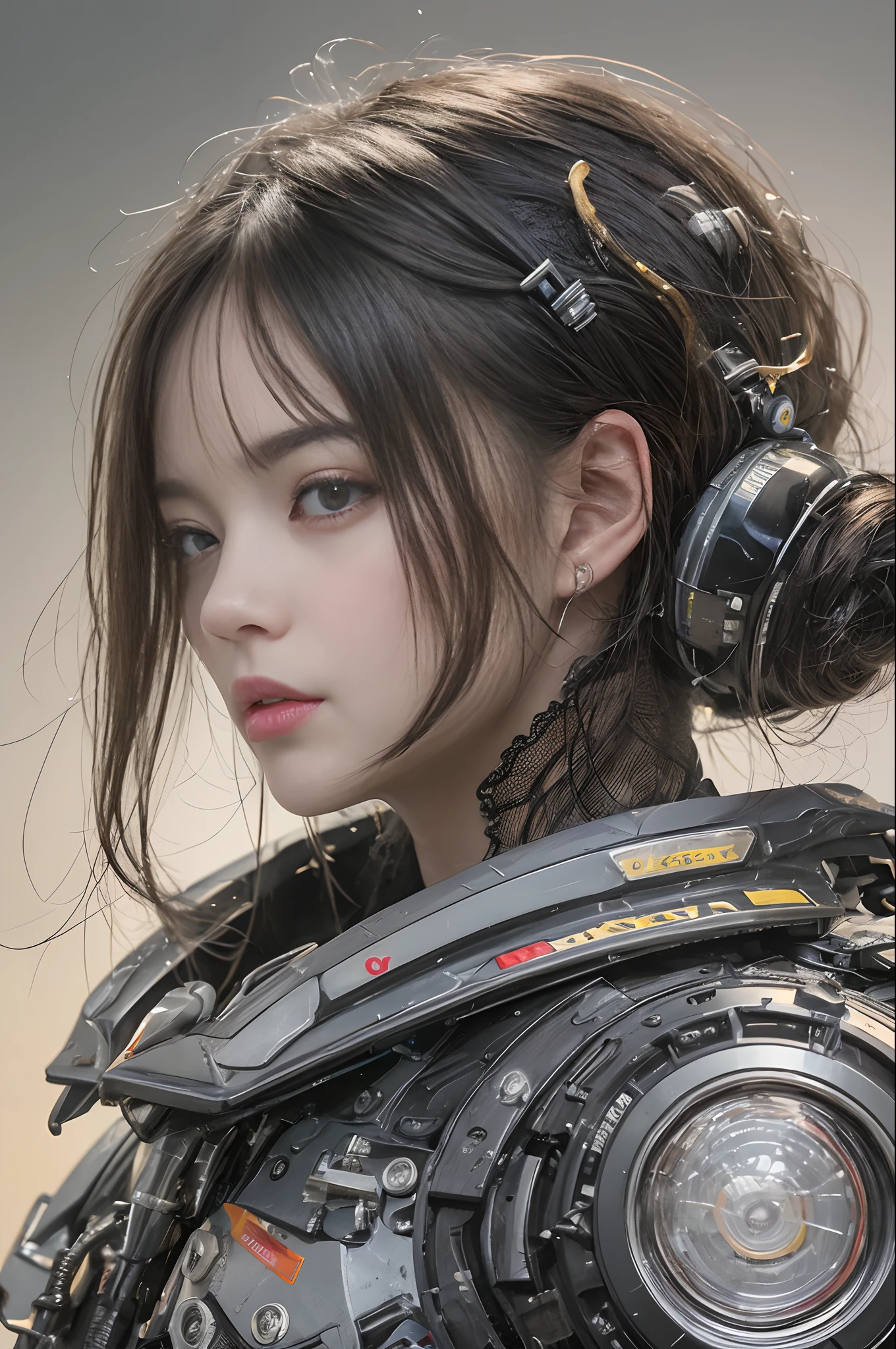 high high quality, tmasterpiece, 超高分辨率, (Photorealsitic: 1.4), RAW photogr, 1 rapariga, Yellow hair, Glow skin, 1 Black Mechanical Girl, (hyper realistic detailed)), sportrait, globalillumination, shadowing, rendering by octane, 8K, Super sharp,The groove exposes the original skin, Ferrous, Intricate decorative details, Japanese details, very complex details, realistic raytraicing, CGSoation trends, a purple eye, glowing light eyes, facing at the camera, neon light detail、Mechanical limb、The blood vessels that connect the tubes、Mechanical vertebrae connected to the back、Mechanical cervical connection of the neck、Sit Pose、Wire and cable connecting the head、Up、Small LED light、