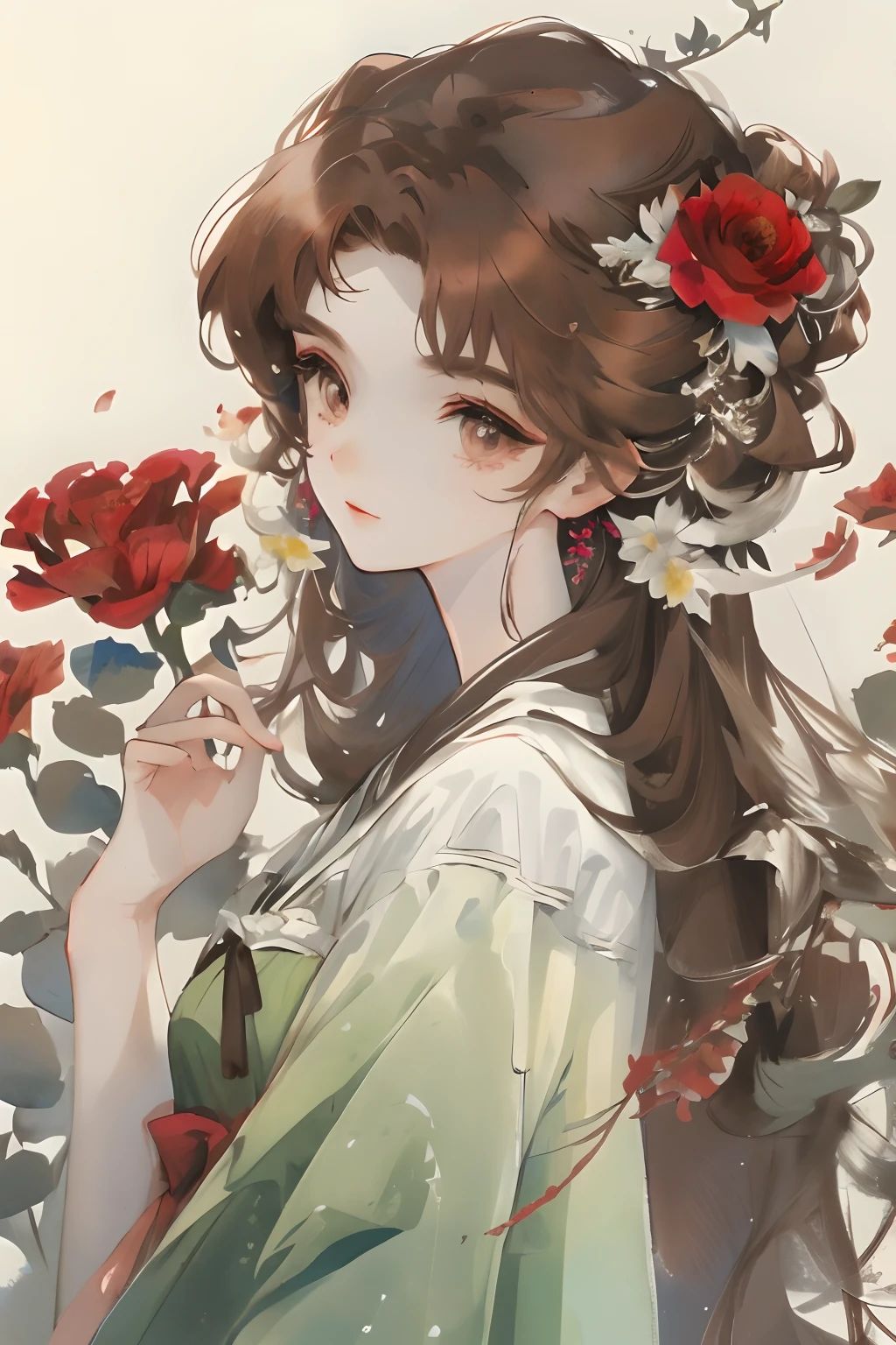 (aquarelle:1.2),1girll, Solo, flower, rosette， sportrait, Foliage, By bangs, signatures, Red flower, A brown-haired, long whitr hair, with brown eye, Flower earrings