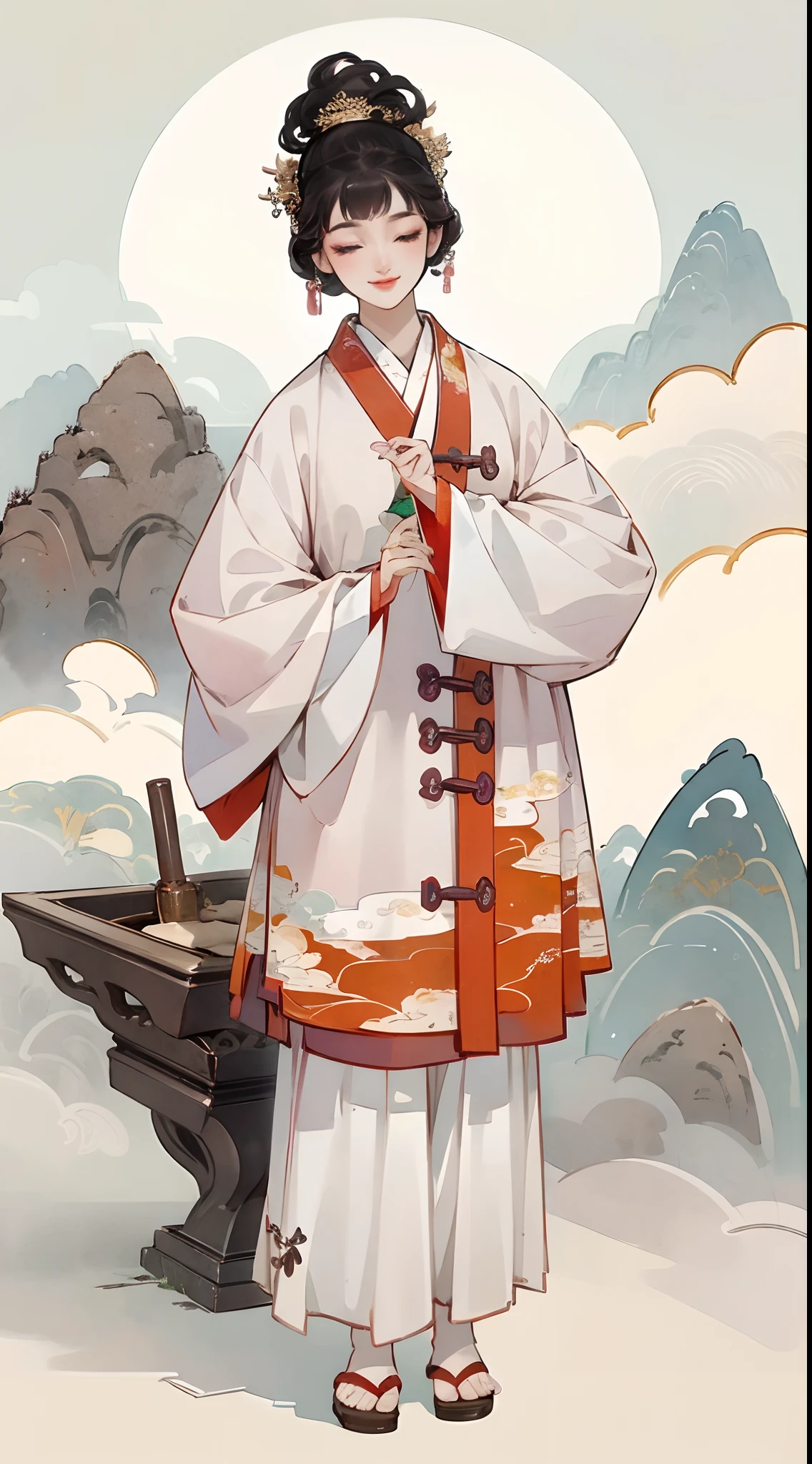 ((8K, Best quality)), ink and watercolor painting, Traditional Chinese painting, crocus, maxikit, Clothes and pants with oriental national colors 1girl, Solo, short detailed hair, Hairpins,ssmile, standing on your feet, Feet in the clouds, The barefoot, kanzashi, Closed eyes, Masterpiece,Temple --auto