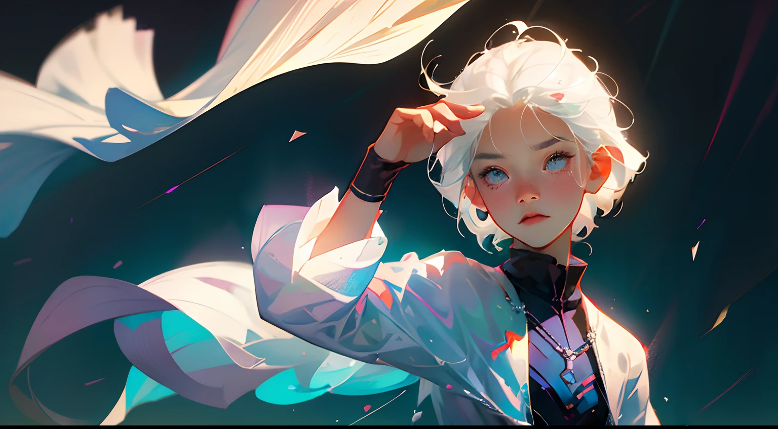 (best qualtiy,tmasterpiece),1kid,lewd poses,Particle,ventania,Eau,Upper body body,gradient backgrounds,looking at viewert,The boy with white hair,milky ways --auto