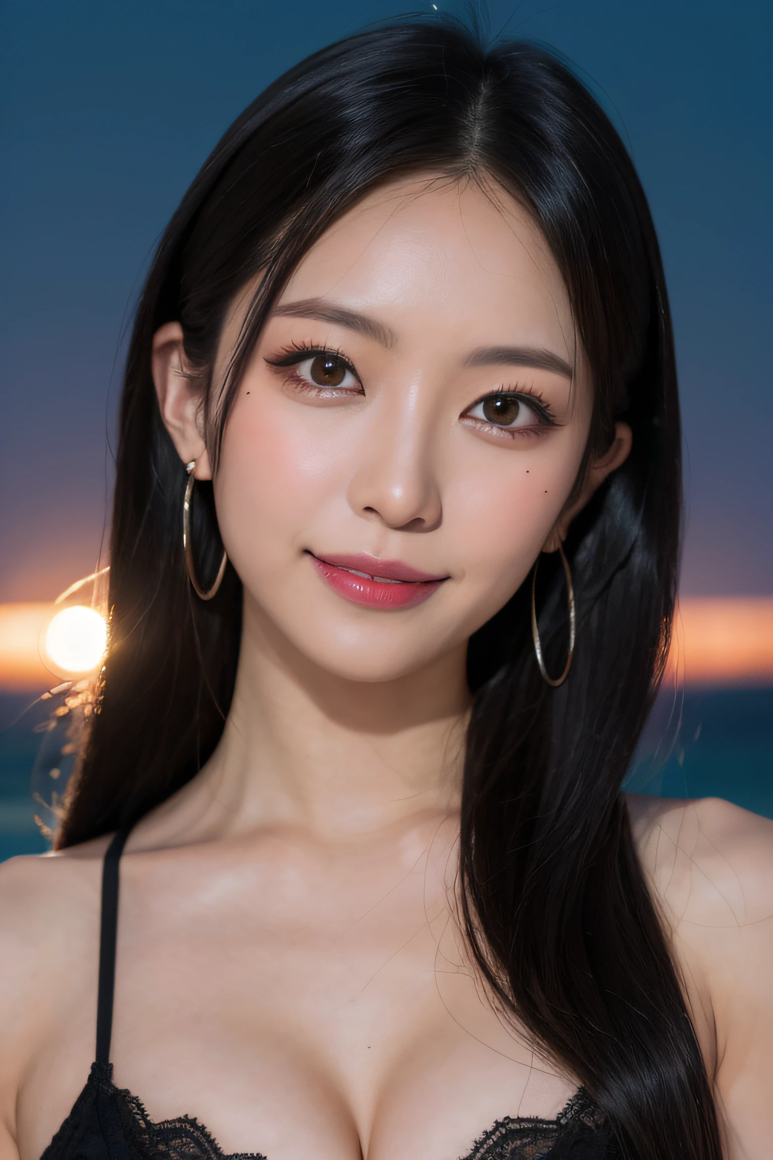 a woman,1 girl,black hair, hair bobbles, longeyelashes, solid circle eyes, light smile, mole under eye, heart earrings, light smile, shy, puckered lips, Surrealism, drop shadow, stereogram, pov, atmospheric perspective, depth of field, first-person view, f/1.8, 8k, super detail, ccurate, best quality, highres, best quality,full body,professional lighting,moonlight,evening,beach