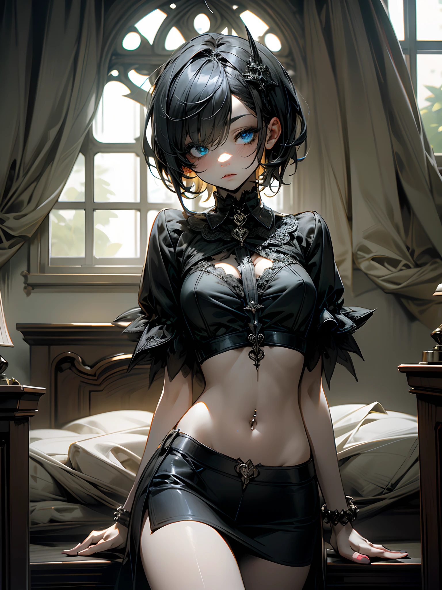 Masterpiece, Best quality, 1girll, Goth, Blue eyes, Short hair, Bangs cover one eye, Detailed eyes, Glowing eyes, Gothic makeup, deadpan, Black shirt, short blouse, navel, Short black skirt, Gothic bracelet, nipple piercing, Gothic bedroom, detailed bedroom