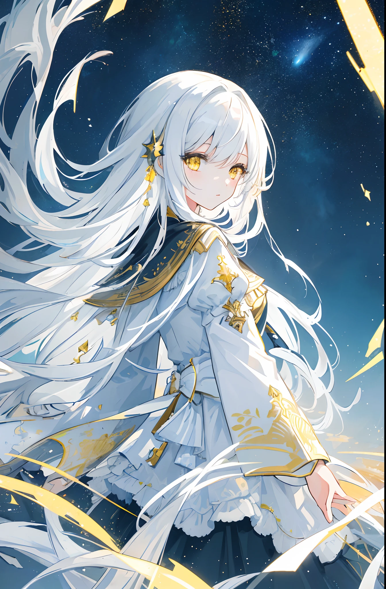 ((masterpiece)), ((best quality)), (amazing desinger), (best artist), (best illustrated landscape), (best performance), (4k Full HD), (HDR+), (1girl) with (long) white hair, (sparkling yellow eyes), in a landscape on the side with (amazing) starry sky drawn in artistic and cinematic tones-- MeinaPastel style--v5 (anime illustration)