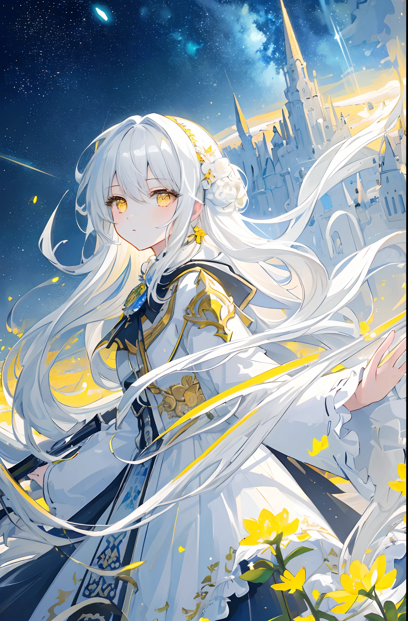 ((masterpiece)), ((best quality)), (amazing desinger), (best artist), (best illustrated landscape), (best performance), (4k Full HD), (HDR+), (1girl) with (long) white hair, (sparkling yellow eyes), in a landscape on the side with (amazing) starry sky drawn in artistic and cinematic tones-- MeinaPastel style--v5 (anime illustration)