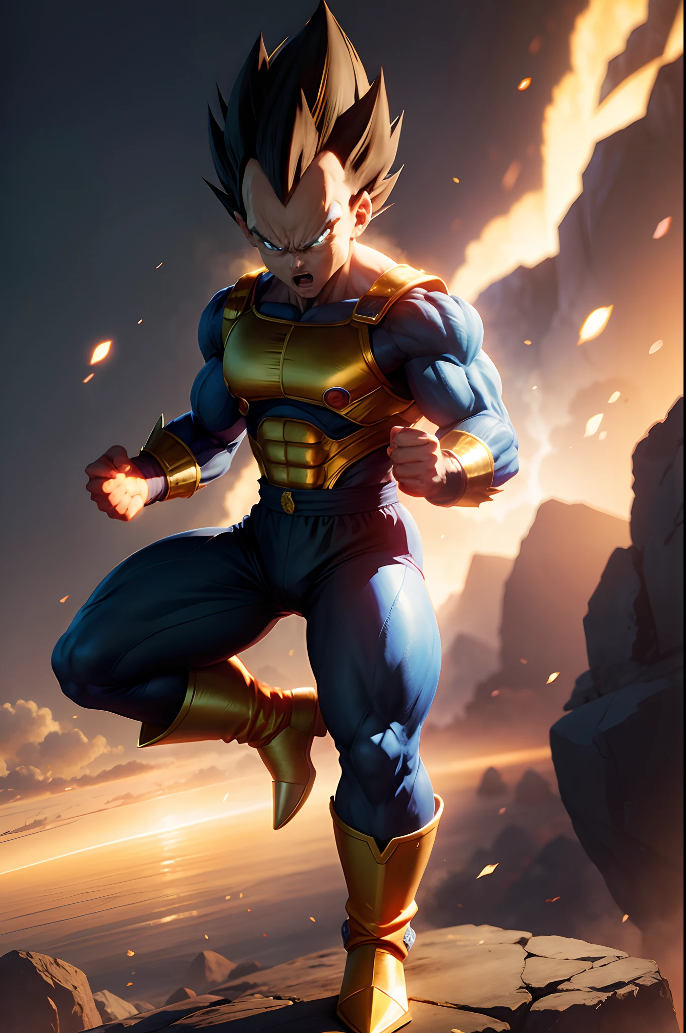 Vegeta, 1man, super saiyan, fighting pose, full body, angry face