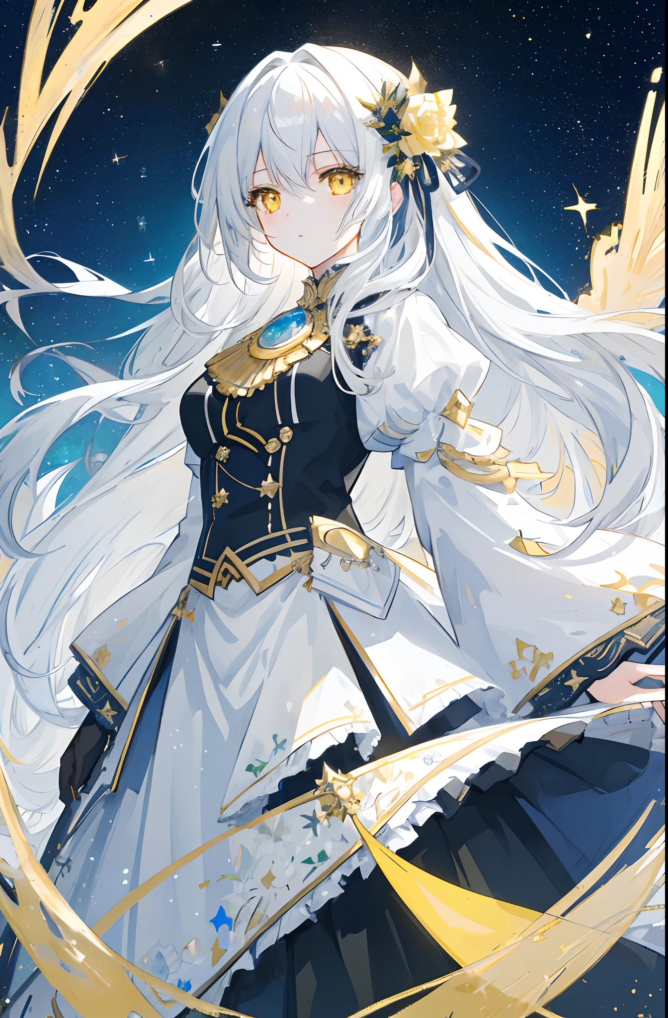 ((masterpiece)), ((best quality)), (amazing desinger), (best artist), (best illustrated landscape), (best performance), (4k Full HD), (HDR+), (1girl) with (long) white hair, (sparkling yellow eyes), in a landscape on the side with (amazing) starry sky drawn in artistic and cinematic tones-- MeinaPastel style--v5 (anime illustration)