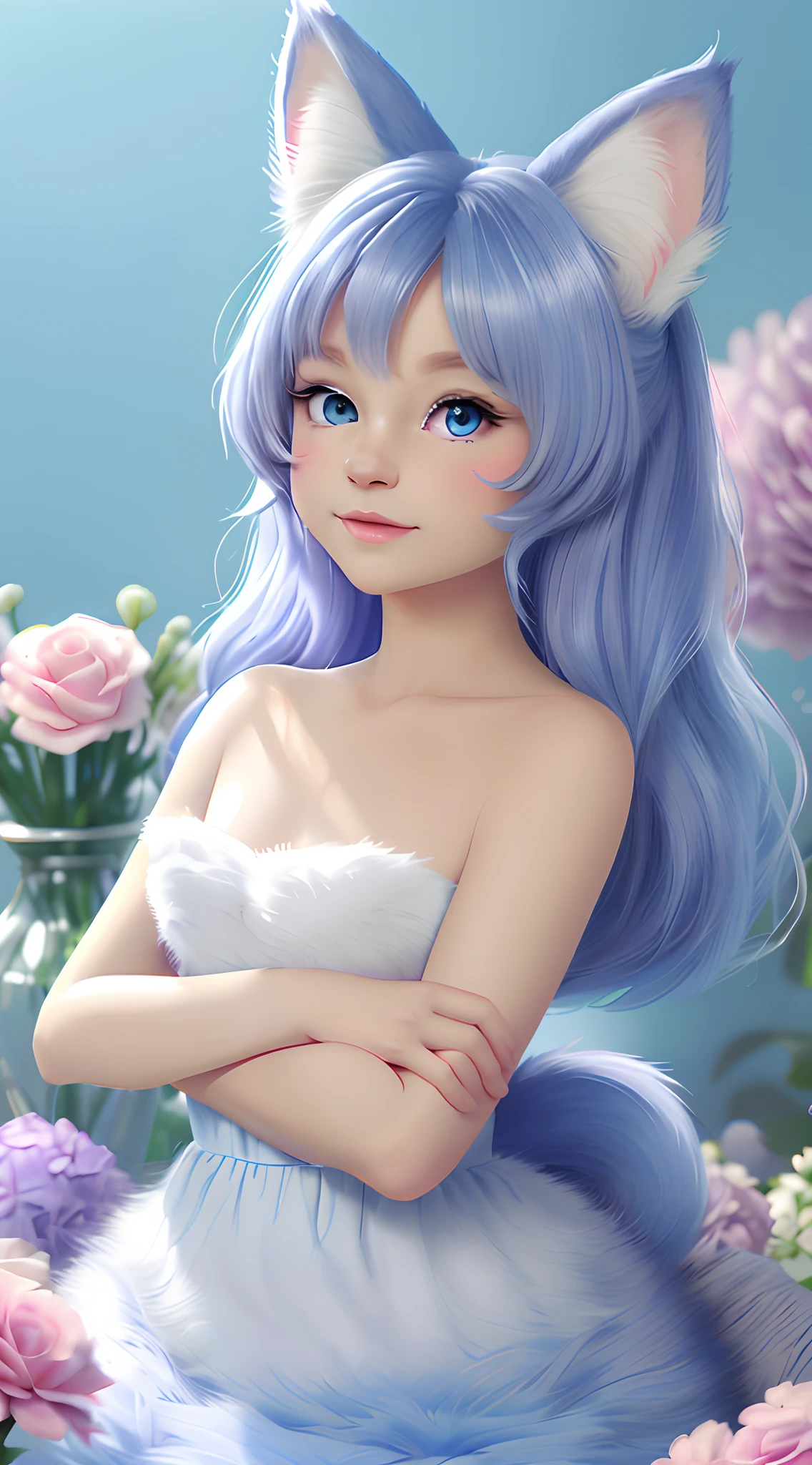 A kitten with a tiny tail, a small nose, small ears, blue eyes, blue background, flowers, vase, dream, caroline chariot-dayez pastels, tumblr, furry art, elokitty, Disney's Bambi cat, Disney's stylized furry, ears floating, fluffy tail, human cat, fluffy ''', fluffy !!!, high resolution, furry art!!!