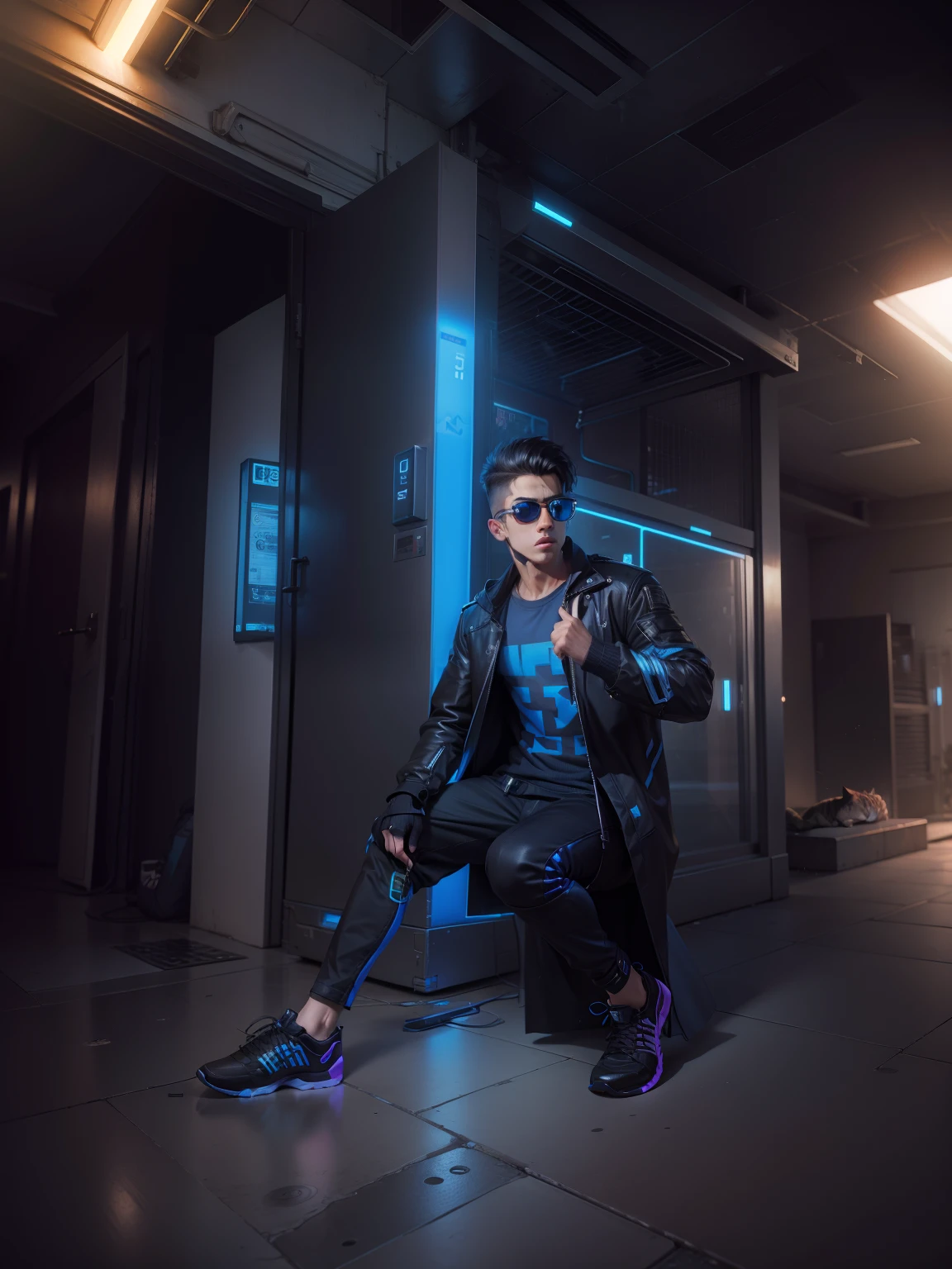 Change background cyberpunk handsome boy ultra realistic with cat --v 4 trending