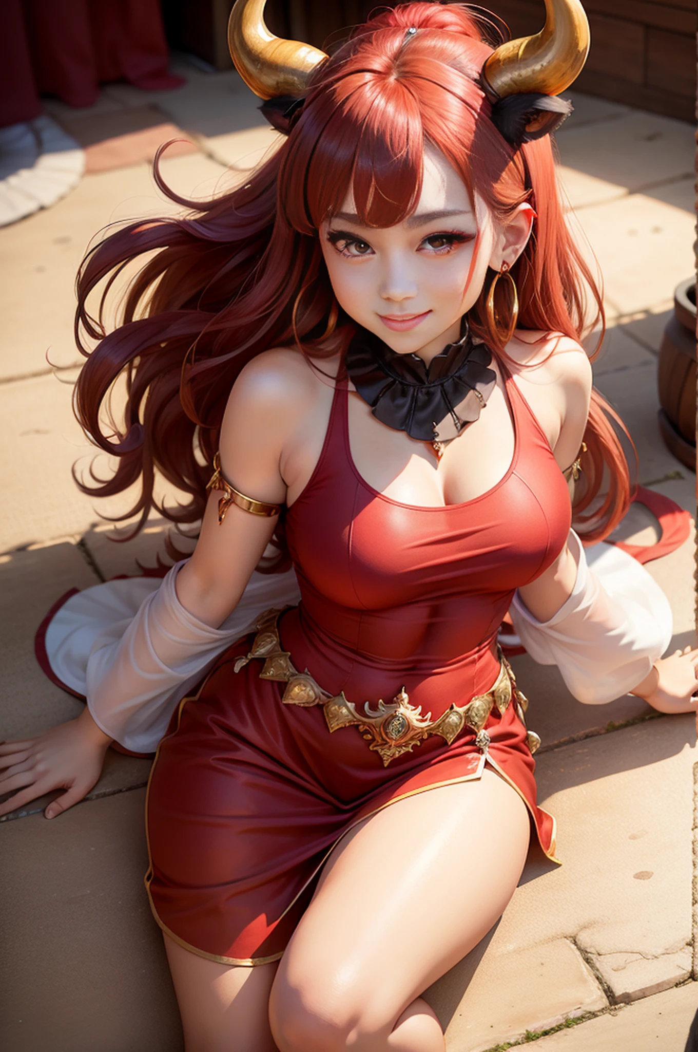Beautiful horns, cow ears, big earrings, confidence, smile, absolutely beautiful girl、Red eyes, single photo with king on the head, cow ears, red long hair, royal sister, red clothes, full body like delicate curves, tank top, shorts, slim figure