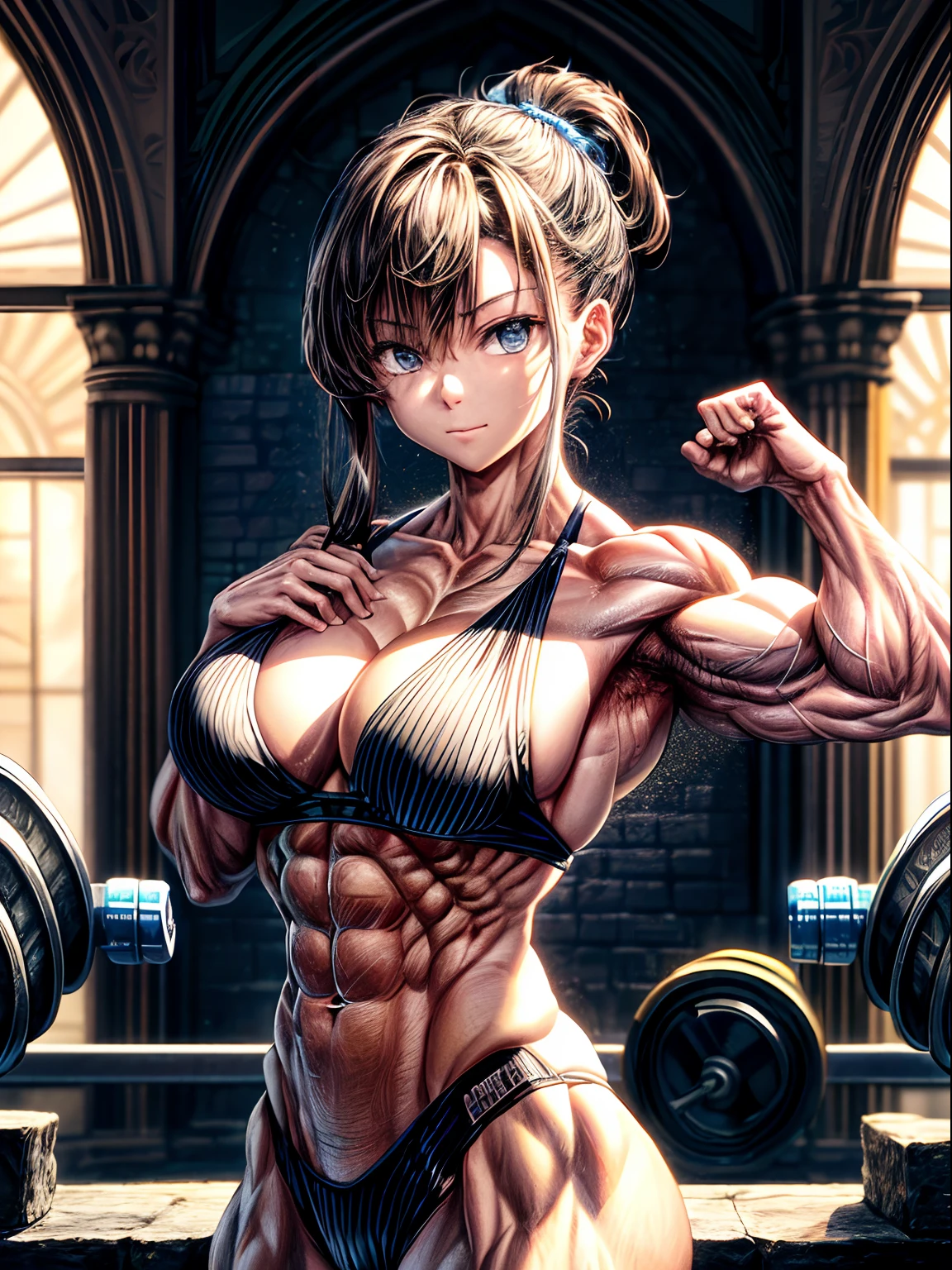 (BEST lighting) , (ultra intricately detailed) , 4K unification, (super-detailed CG: 1.2) , (8K: 1.2),(Original), (Masterpiece) , (Best quality),(Masterpiece:1.4),Anime-ish high quality,(Masterpiece),Masterpiece, Best quality, absurderes,((masterpeace, 4K, 8K, Yes, A high resolution))1girll,ssmile, She was in the castle,The environment is gloomy,the night, Black swimsuit bra, Expose abs,Spring, , Perfect figure, Very robust,with short golden hair, Sweat, Dynamic pose, empty handed((body builder:1.5)),Stone wall background,(Beautiful bace),(Girl),(Female),(((Upper body:1)))