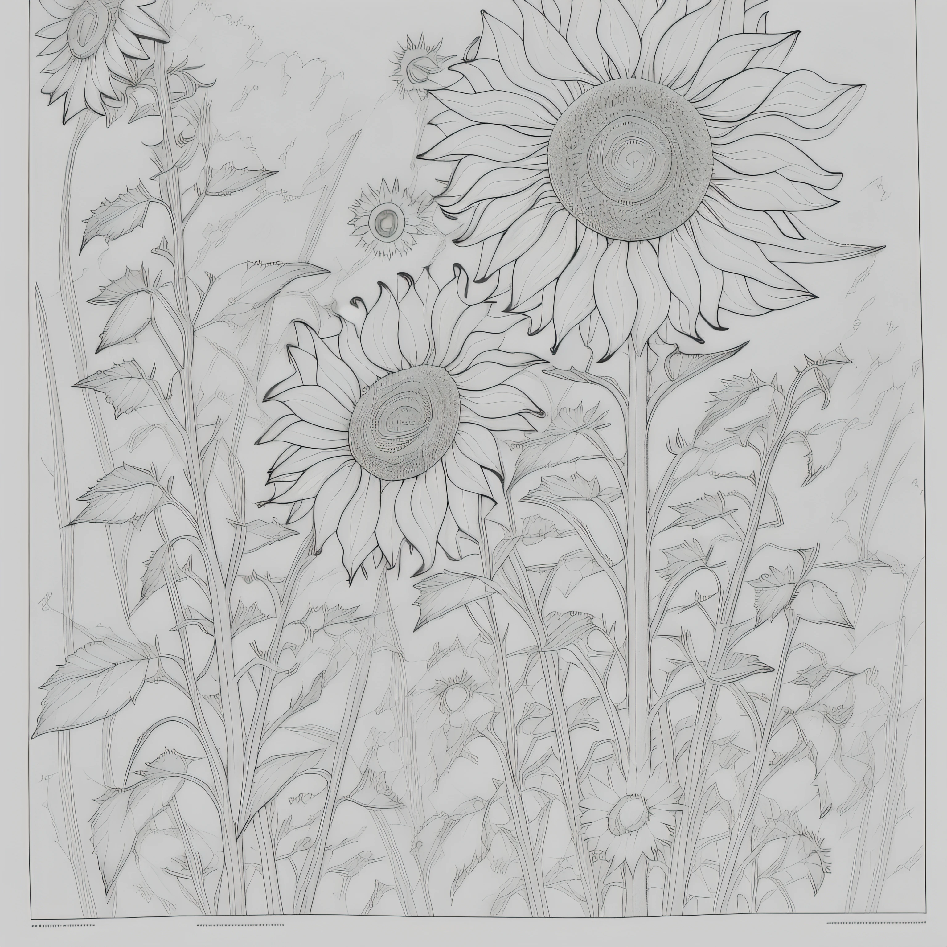 (Monochrome images:1.3)、(Sunflower coloring book:1.3)、It features a simple、Draw with outline