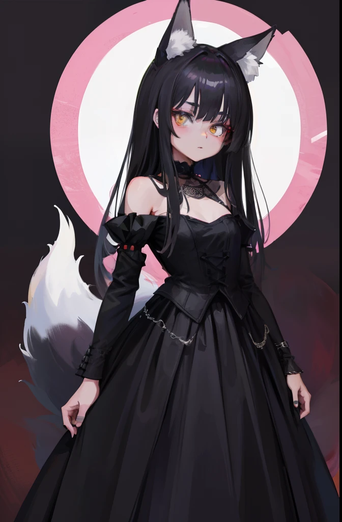 Volumetric Lighting, Best Shadows, Portrait Of Stunningly Beautiful Girl, Petite, Delicate Beautiful Attractive Face With Alluring Yellow Eyes, Small chest, small breasts, Short black hair, Slim Waist, Standing, (Highest Quality, Amazing Details:1.25), Brilliant Colorful Paintings, anime character dressed a dress with a fox tail, fox, kitsune, a beautiful fox lady, a beautiful kitsune woman, goth makeup, goth clothes, goth, full body, portrait