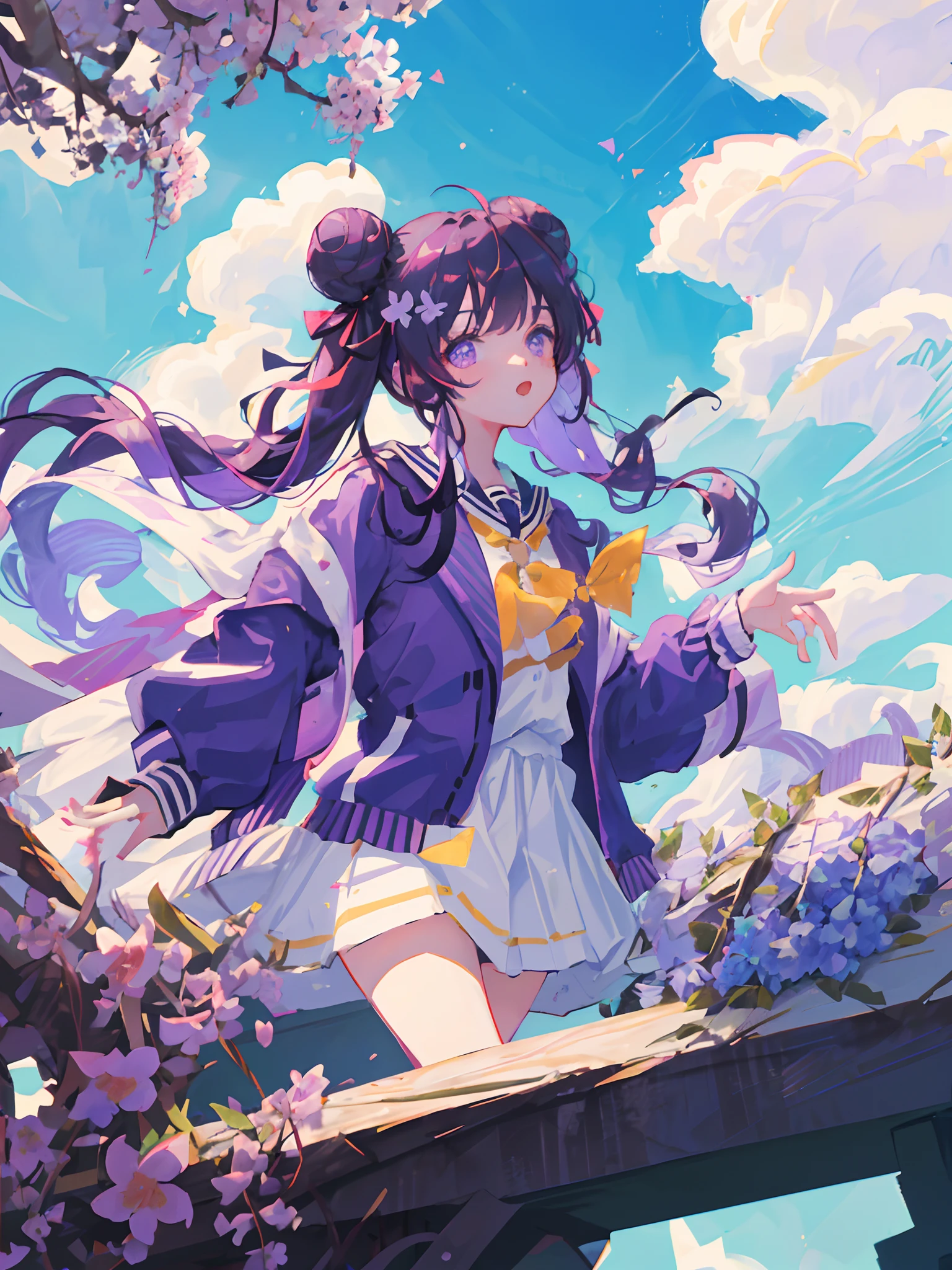 Best quality, 8K, High quality, A high resolution, Keqing (Genshin Impact), hair-bun, Purple hair, double tails, Purple eyes, hair adornments, cone hair bun, Long hair, double bun hair, bangs, bow, hair flower, Hair accessories hair bye, Hair ribbon, school uniform, Black shirt, purple jacket, Open jacket, Long sleeves, Face focus, Close up, (Heart-shaped pupils:0.9), (Blush:0.65), (1girll, Solo:1.4), school ground, School rooftop, Cityscape, Blue sky, Bright sky, Sunny, holding flower,