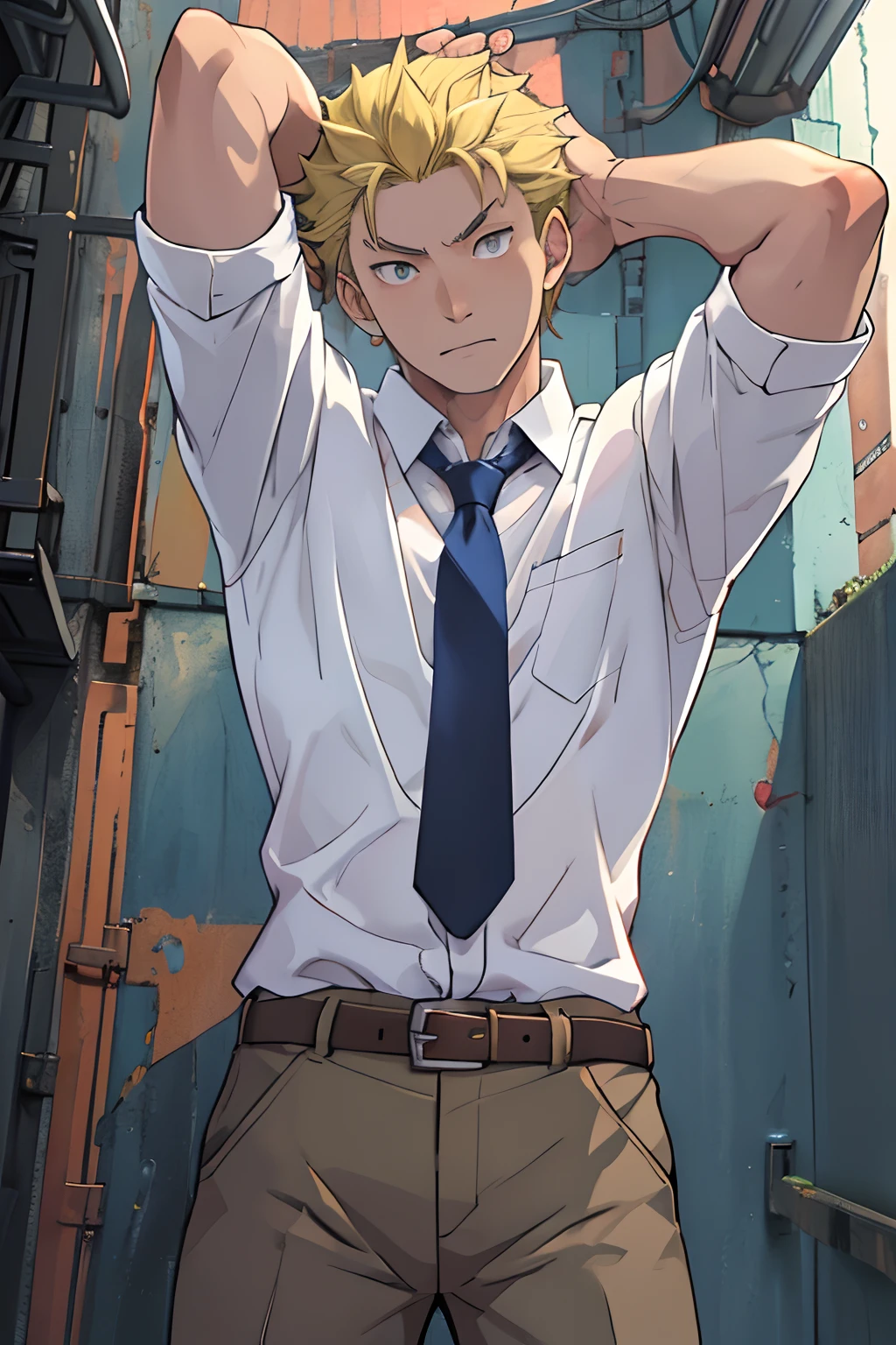 （1 Adult male），A high resolution， Sharp focus， Pixiv masterpiece， （（Complicated details））， highly  detailed， natsuki_subaru， 1 man， Lazy，full bodyesbian，Stretch out， blue color eyes（eyes glowing）， Short yellow hair，white  shirt，Wear a tie，Wear a belt，perspire，look from down