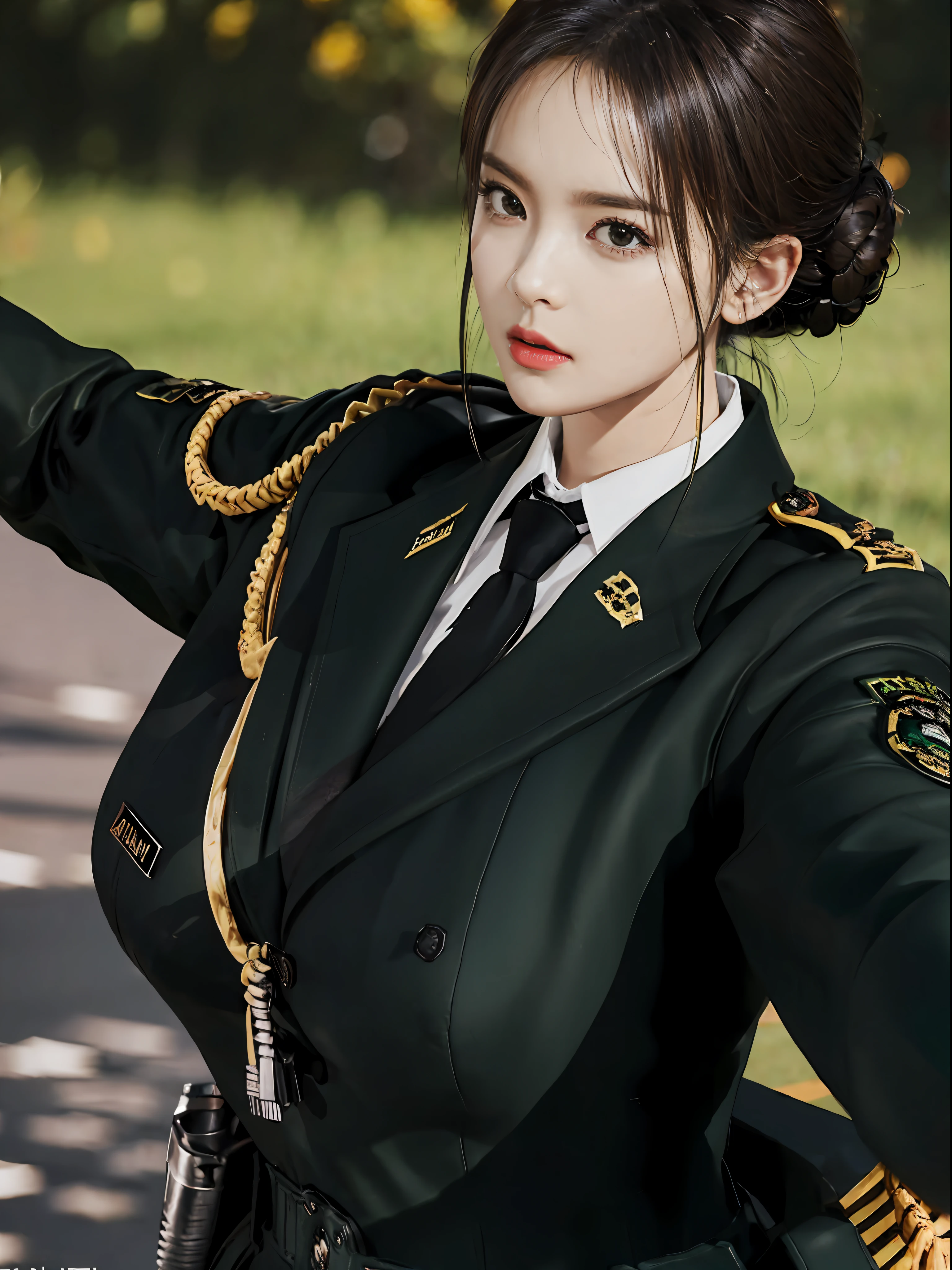 Very detailed CG unity 8K wallpaper，（tmasterpiece），（best qualtiy），（ultra - detailed），（Ultra photo realsisim），（best character detail：1.36），Nikon D750 f / 1.4 55mm，profesional lighting， physically-based renderingt, 1girll, Female soldier，army suit，Dark green military uniform，Fabric texture military uniform，Pure white lining，Dark green tie，Black hair，the golden ratio,[:(com rosto detalhado:1.2):0.2]:,PureErosFace_V1, broad shoulder,(Bigchest:1.5),(big assa:1.5)，Soaked with sweat，red flags，In the square，Splendid scenery，bright sun，upper body photos，Place your hands on your chest，