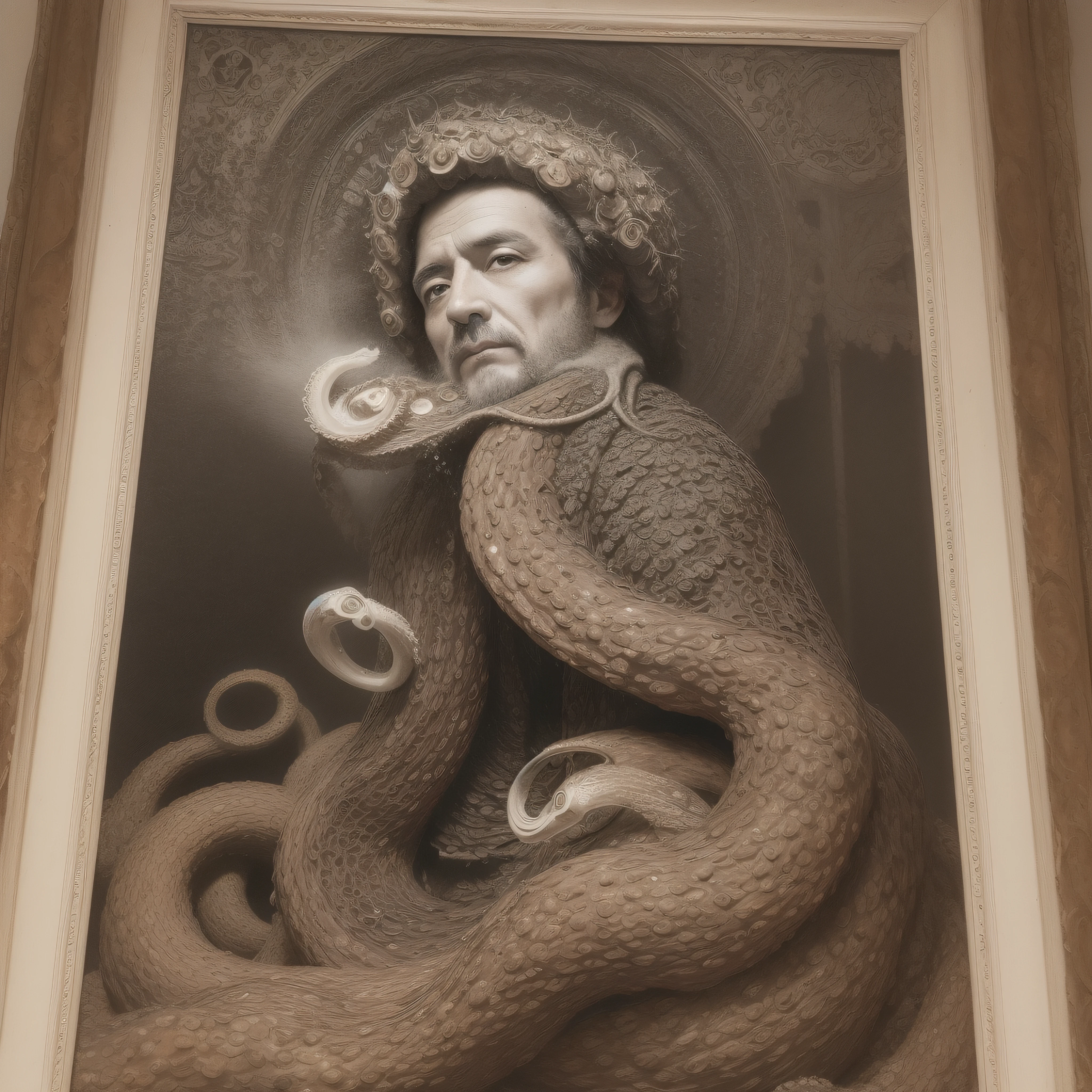(extremadamente detallado, obra maestra, La mejor calidad), Estilo oscuro, intense illumination. templario. armadura medieval, rostro con arrugas, lengua larga, tentacle, deforme, imagen submarina, pico de pulpo amenazante. manchas de tinta. Rococo composition. Luz de caravaggio