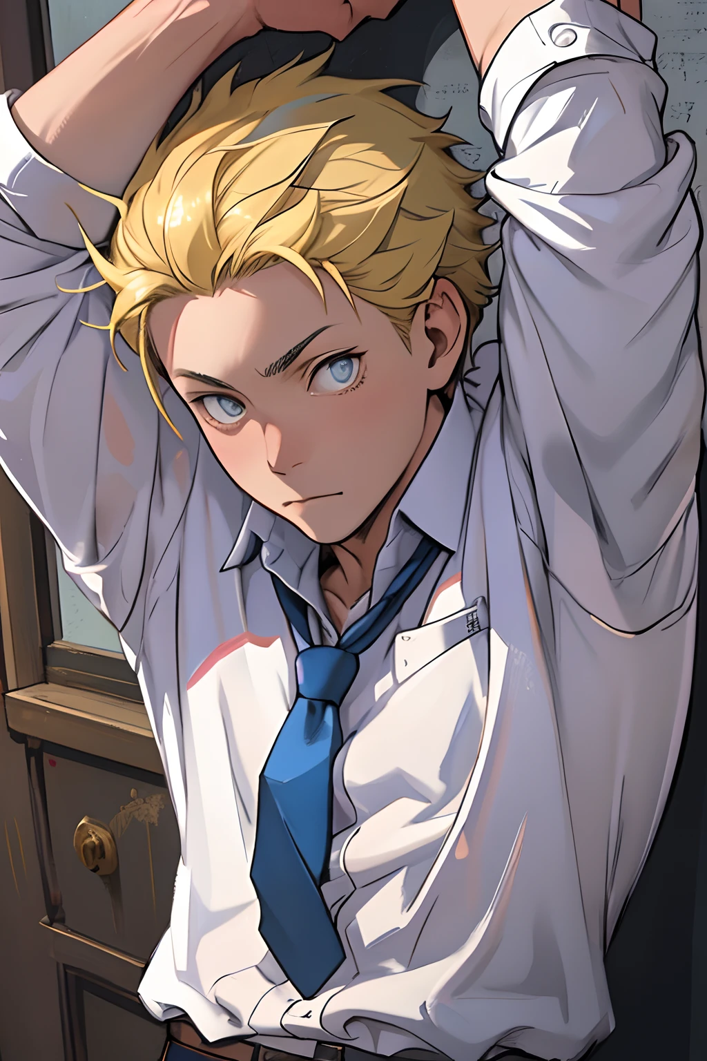 (1 Adult male),A high resolution, Sharp focus, Pixiv masterpiece, ((Complicated details)), highly detailed, natsuki_subaru, 1 man, Lazy,full bodyesbian,Stretch out, blue color eyes(eyes glowing), Short yellow hair,white shirt,Wear a tie,Wear a belt,perspire,look from down