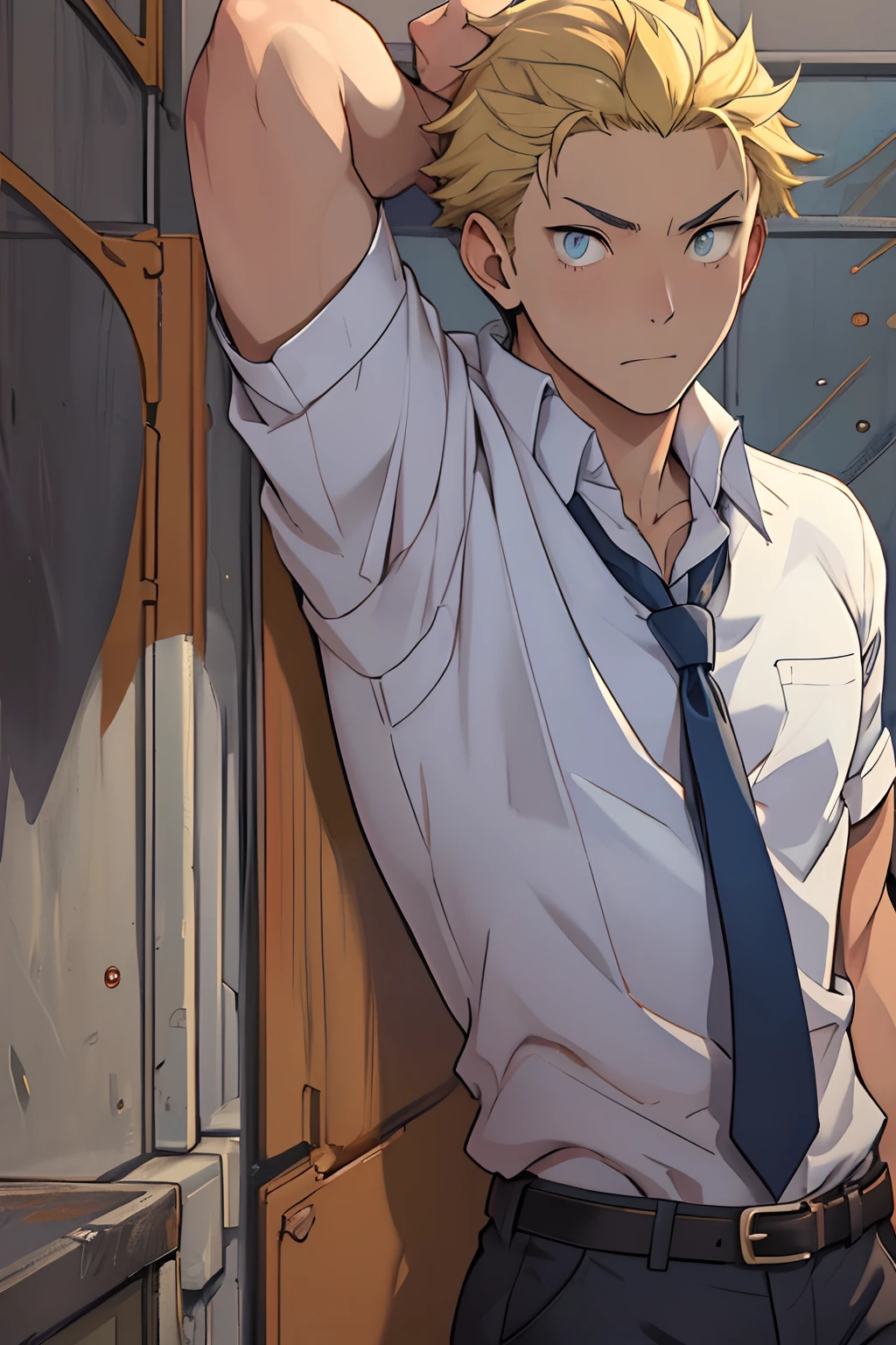 （1 Adult male），A high resolution， Sharp focus， Pixiv masterpiece， （（Complicated details））， highly  detailed， natsuki_subaru， 1 man， Lazy，full bodyesbian，Stretch out， blue color eyes（eyes glowing）， Short yellow hair，white  shirt，Wear a tie，Wear a belt，perspire，look from down
