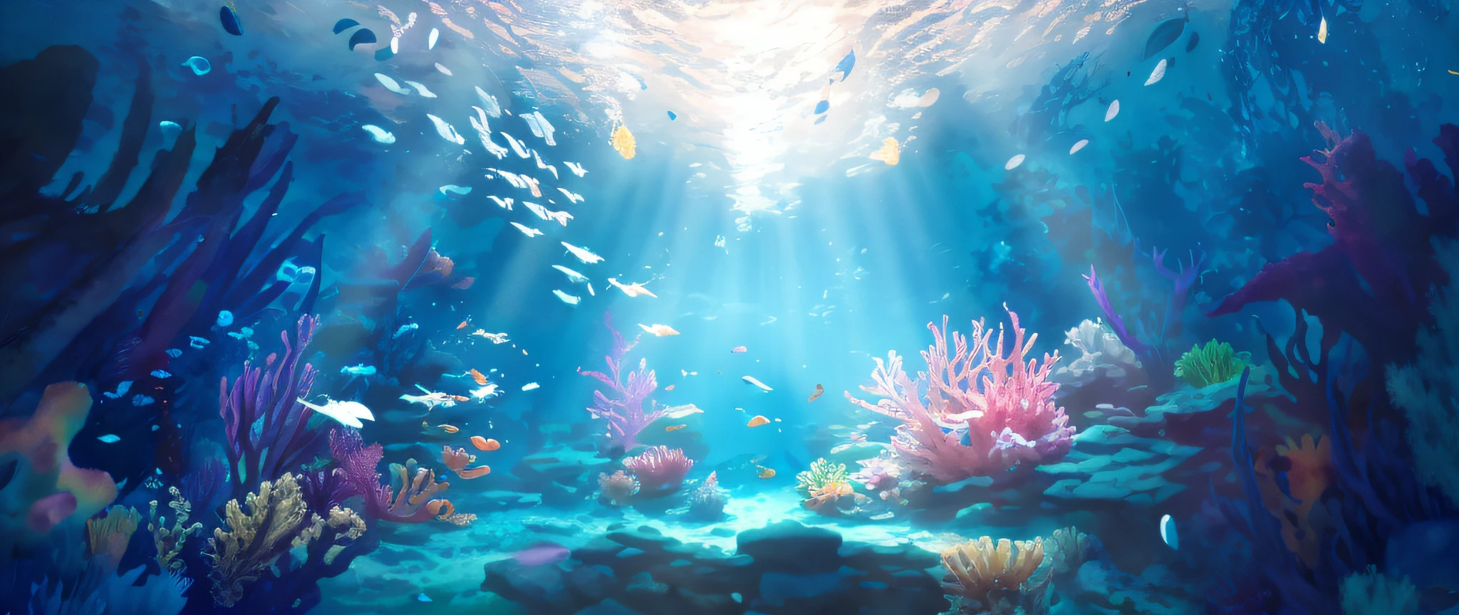 There is a painting,A fish tank,There are a lot of fish in it, closeup cinematic aquatic scene, Underwater scene, deep underwater scene, underwater with coral and fish, undersea environment, Underwater background, ocean floor, underwater scenery, background artwork, the reef, watercolor painting underwater, underwater ocean, underwater environment, jen bartel, abzu, bubbly underwater scenery, underwater scenery,8k smooth, RAW photo, Best quality, Masterpiece:1.4,Cinematic art ultra high resolution, Ultra-detailed, Hyper-realistic,Realistic rendering and detail,octane