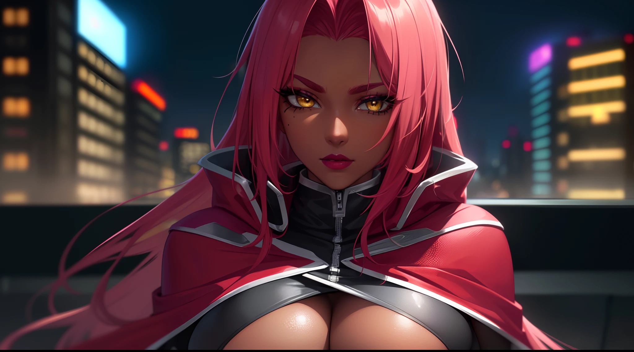 (highres, high quality:1.2), intricate details, cinematic lighting, sharp focus, depth of field, Ingrid, 1girl, mature female, (dark-skinned female:1.1), dark skin, ((close-up face)), (looking at viewer, cityscape, night, city light, determined, pink red hair, very long hair, hair intakes, makeup, lipstick, (mole under mouth:0.8), eyelashes, yellow eyes, detailed face, helloutfit, red cape, black (turtleneck:1.1), (underboob:1.1), black elbow gloves, (coattails:1.1), revealing clothes, center opening, (multicolored clothes:1.1) midriff, natural large breasts,