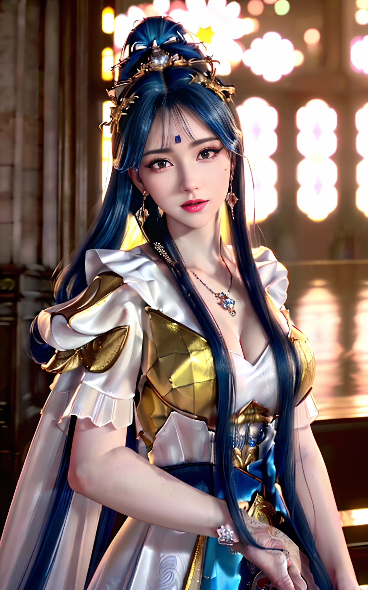 ((realisticity: 1.2)), ((realistic: 8K UHD)), ((best resolution: 8K UHD)), hyper detailed, best quality,masterpiece,highres,cg,
((1 hyper detailed and hyper realistic girl)), ((very beautiful queen dazzling, hyper realistic, and hyper detailed)),((white skin, beautiful, smooth, youthful, hyper realistic and hyper detailed
)), ((Hyper beautiful face, white, hyper realistic and hyper detailed)), long hair, ((hyper realistic and hyper detailed dress)), solo, ((hyper realistic, hyper beautiful, gorgeous and hyper detailed jewelry)), ((hyper beautiful, hyper realistic and hyper detailed dark red and golden yellow dress)),
((Hyper beautiful, hyper realistic, hyper detailed diamond filled earrings)),
((Hyper beautiful, hyper realistic and hyper detailed diamond filled hair ornament)), ((hyper beautiful upper body, hyper beautiful, hyper
realistic and hyper detailed)), ((big breasts: 2.5)),
((Hyper grand, hyper realistic and hyper detailed royal palace backgroun))
((Hyper beautiful, hyper beautiful, hyper realistic and hyper detailed hair bun)), ((hyper beautiful, hyper realistic and hyper detailed blue hair)),
candid, Photograph, high resolution, 8k,Bokeh,
