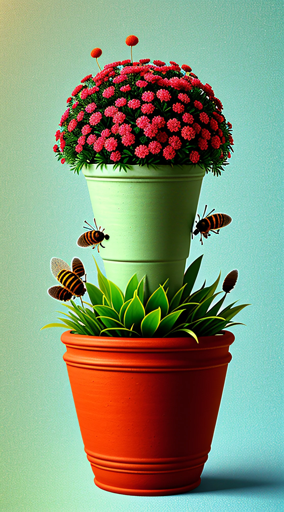 Clay flowerpot, colorful flowers, background blank, lots of details, bee, ants, high quality, 8k,