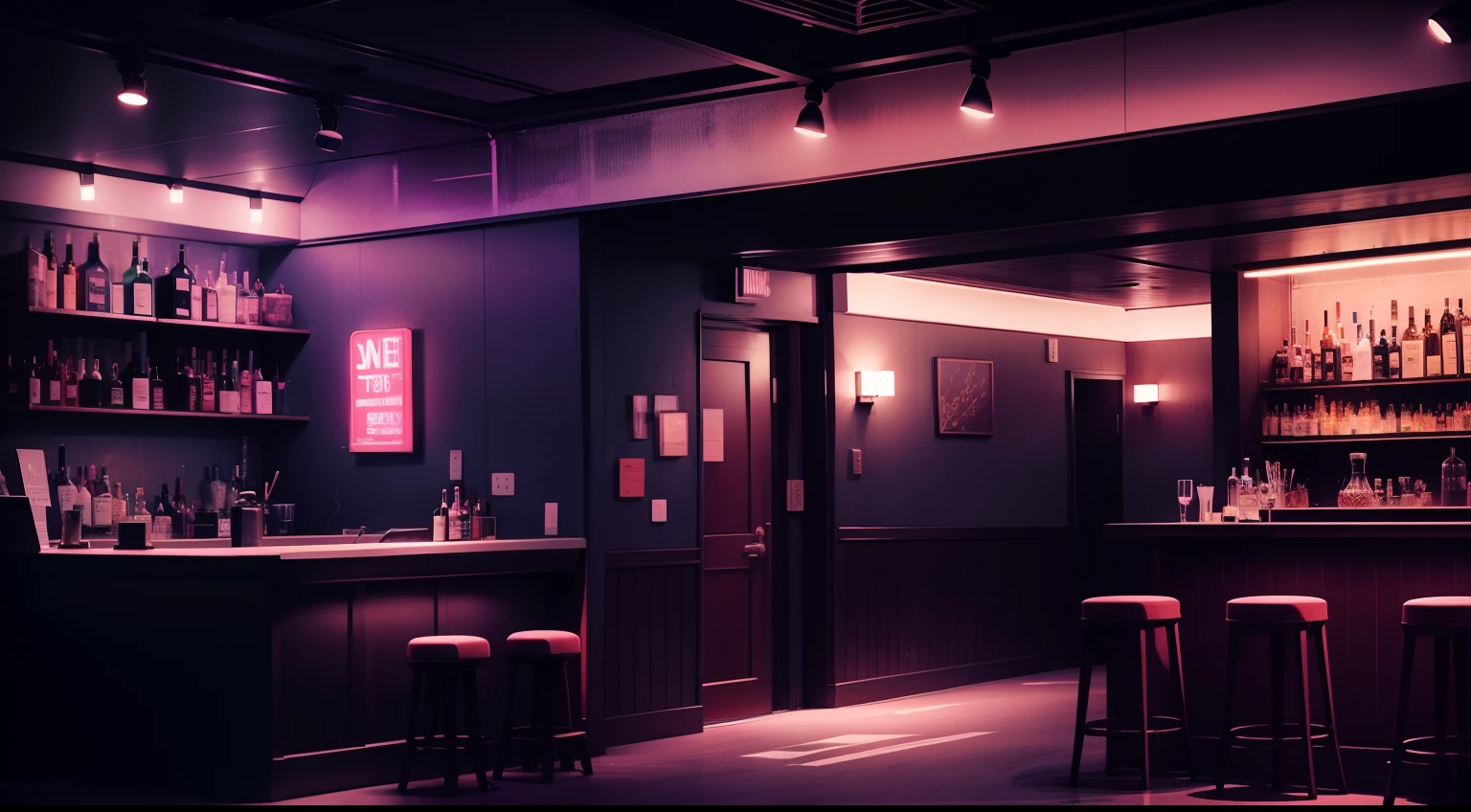 It's in the club、Live music available、I'm in the corner of the room、Unmanned illustration、Bar counter available、Neon lights are glowing、dim、Stage light is on、The walls are concrete