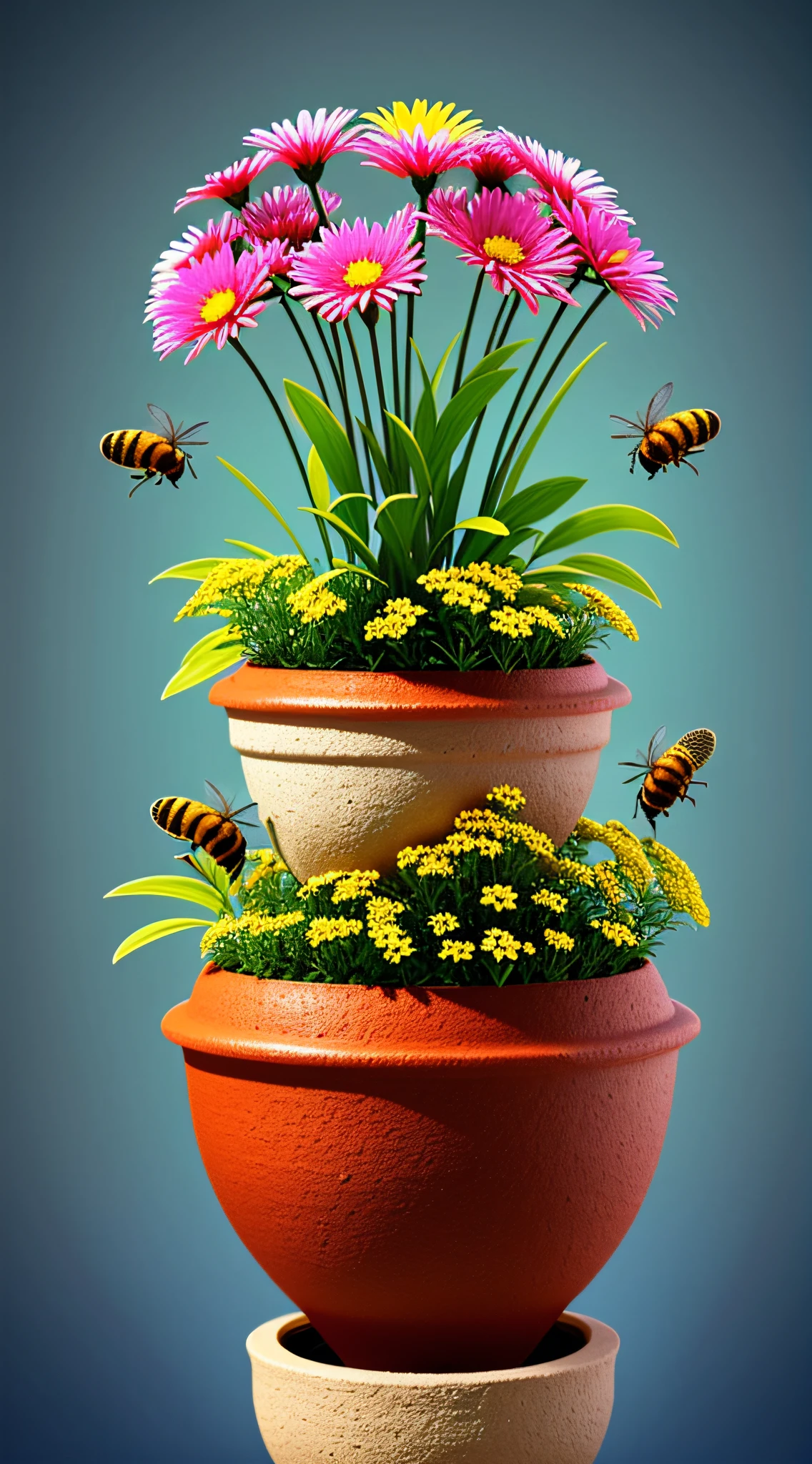 Clay flowerpot, colorful flowers, background blank, lots of details, bee, ants, high quality, 8k,