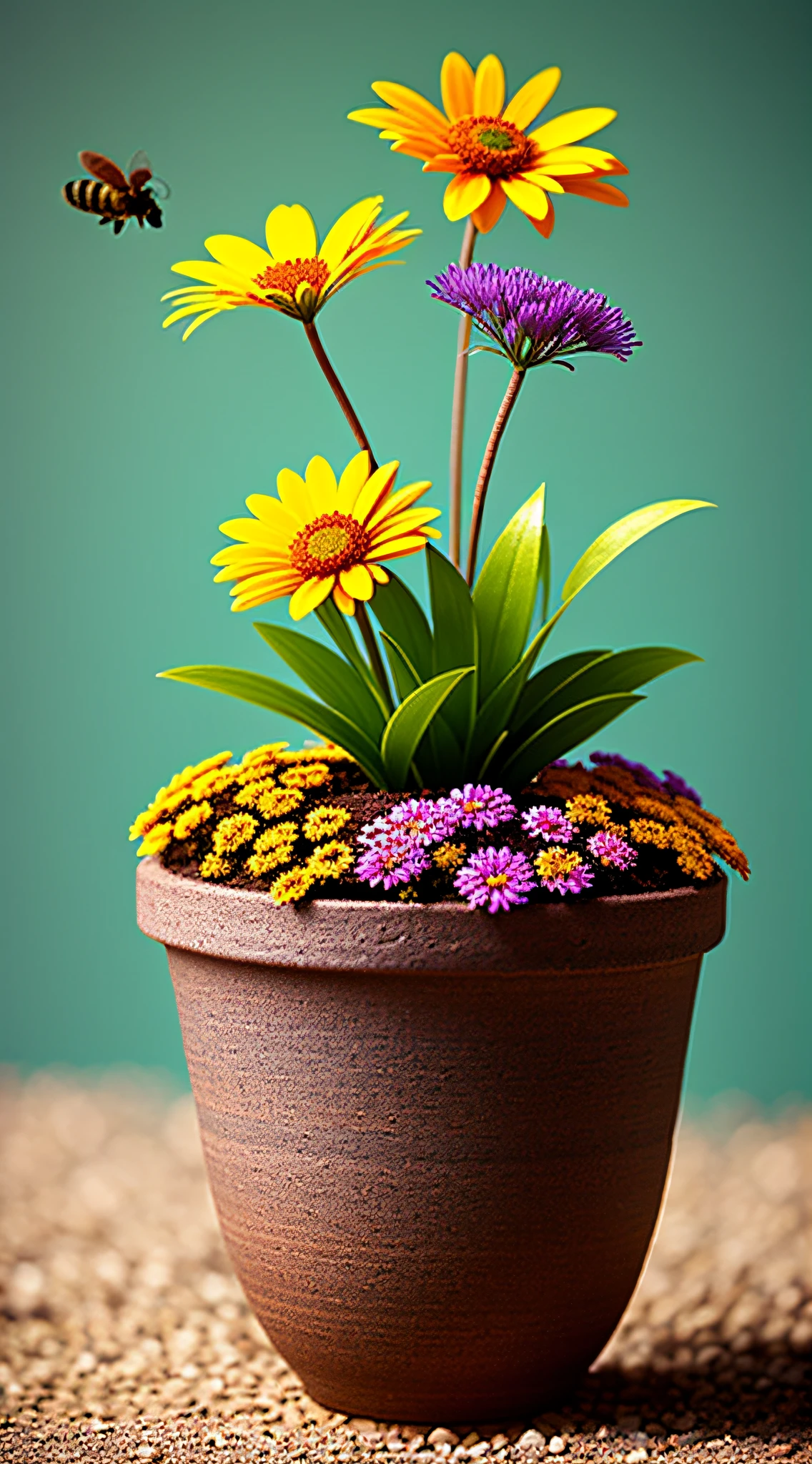 Clay flowerpot, colorful flowers, background blank, lots of details, bee, ants, high quality, 8k,